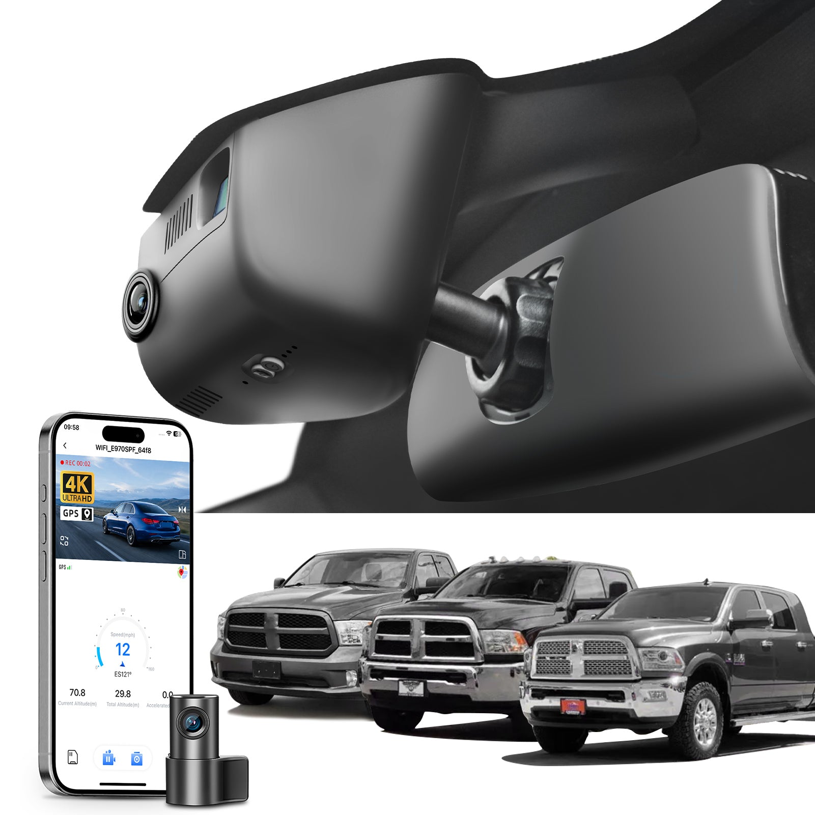 Mangoal 2 channel dash cam with STARVIS sensor, features smartphone app control, front 4K UHD and rear Full HD recording, GPS tracking, and Dodge RAM in the background.