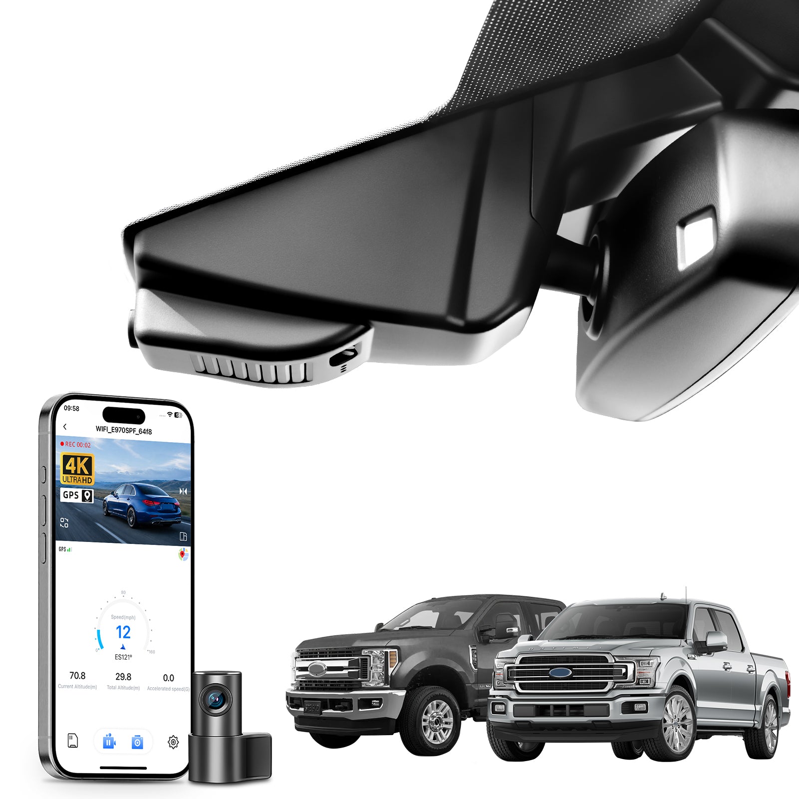 Mangoal 2 channel dash cam with STARVIS sensor, features smartphone app control, front 4K UHD and rear Full HD recording, GPS tracking, and Ford F Series models in the background.