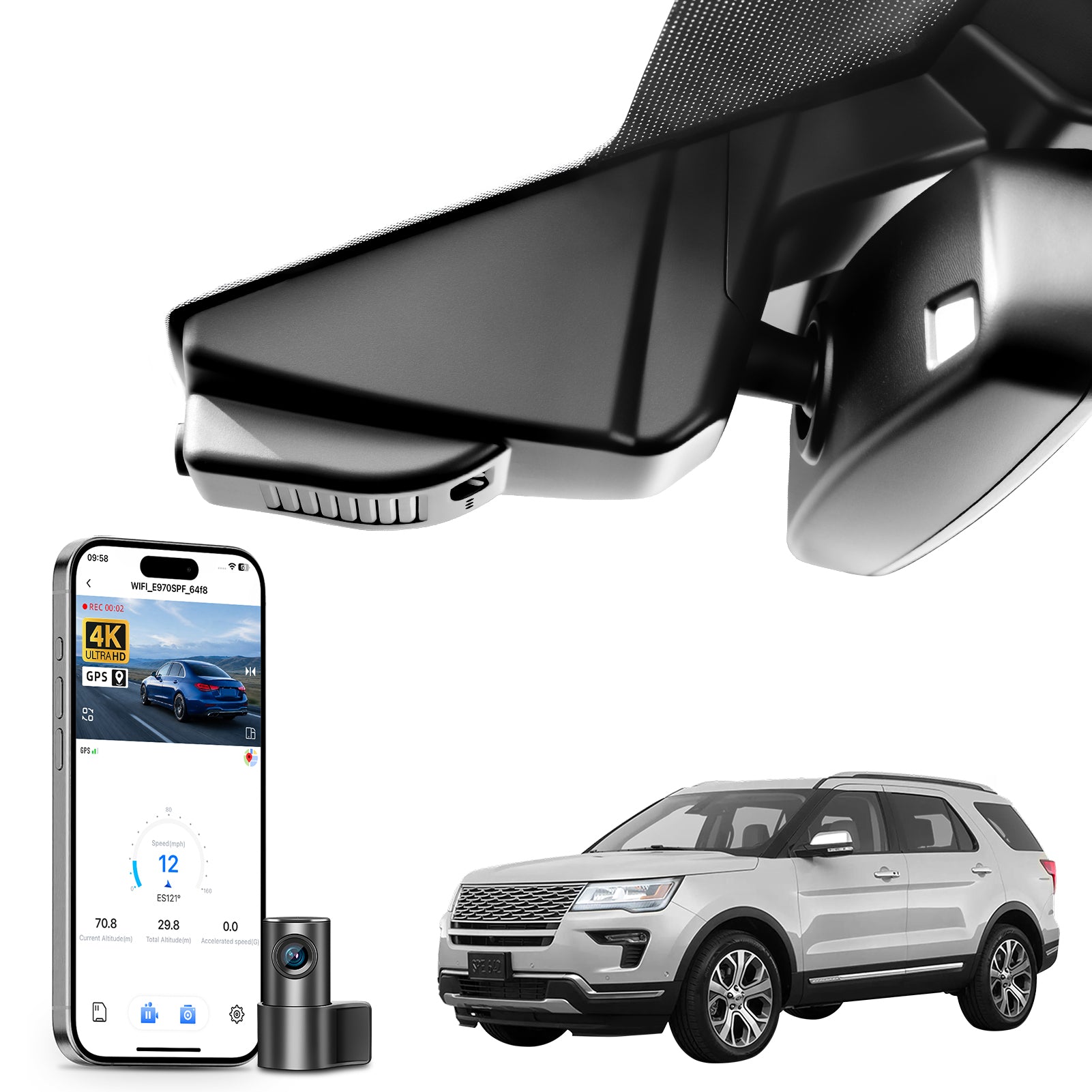 Mangoal 2 channel dash cam with STARVIS sensor, features smartphone app control, front 4K UHD and rear Full HD recording, GPS tracking, and Ford Explorer models in the background.