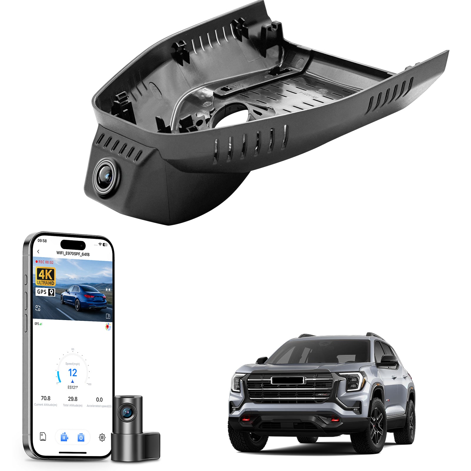Mangoal 2 channel dash cam with STARVIS sensor, features smartphone app control, front 4K UHD and rear Full HD recording, GPS tracking, and GMC Terrain models in the background.