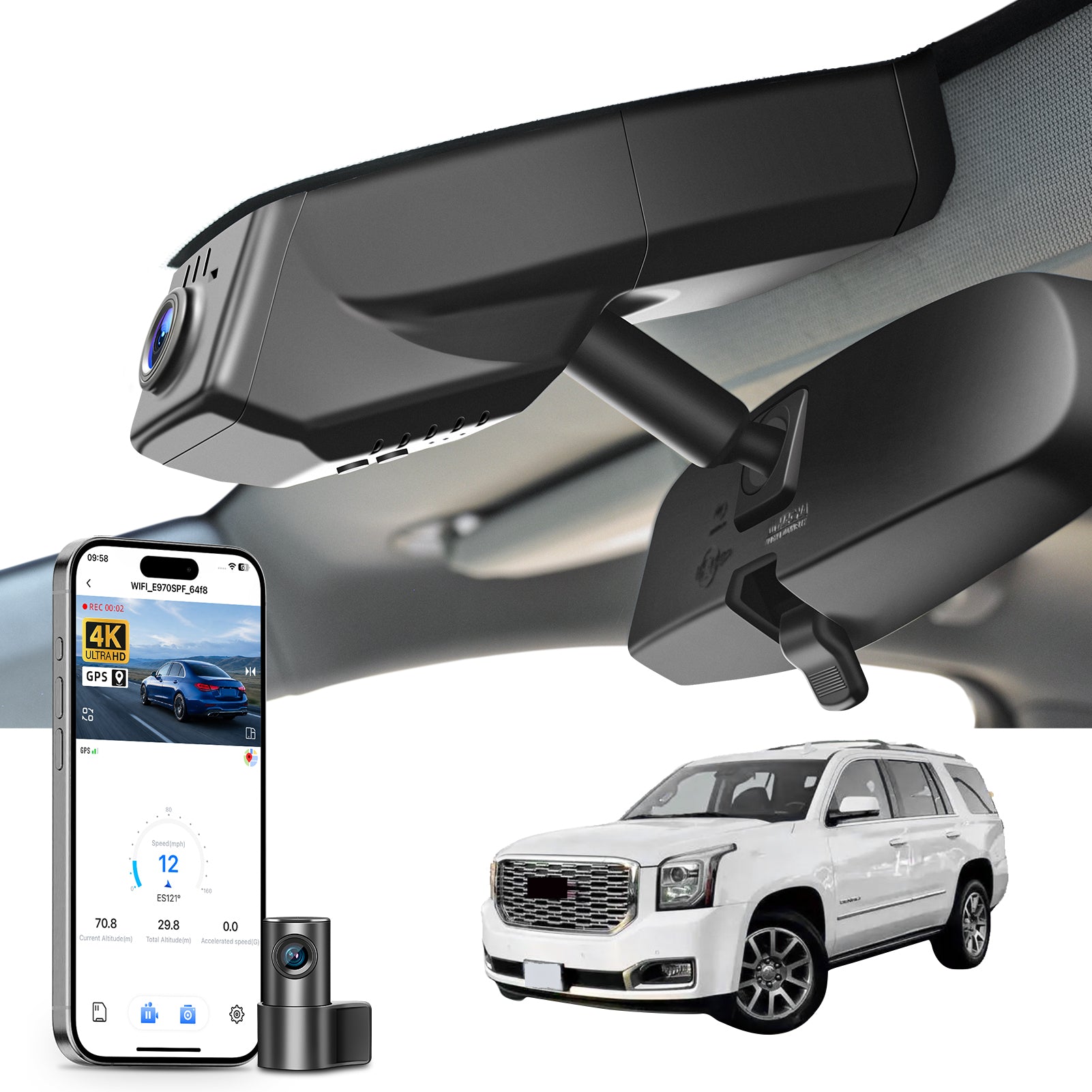 Mangoal 2 channel dash cam with STARVIS sensor, features smartphone app control, front 4K UHD and rear Full HD recording, GPS tracking, and GMC Yukon models in the background.