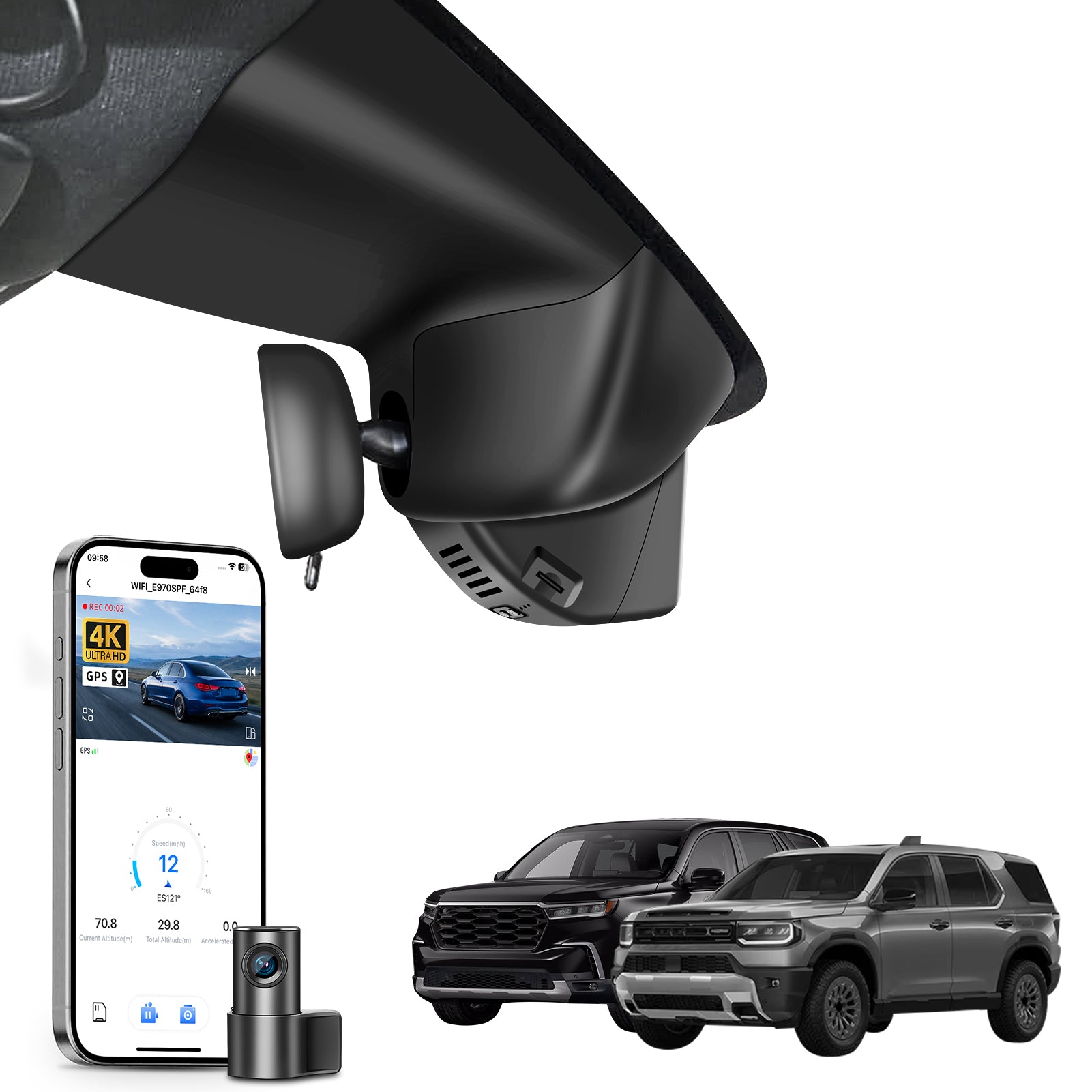 Mangoal 2 channel dash cam with STARVIS sensor, features smartphone app control, front 4K UHD and rear Full HD recording, GPS tracking, and Honda models in the background.