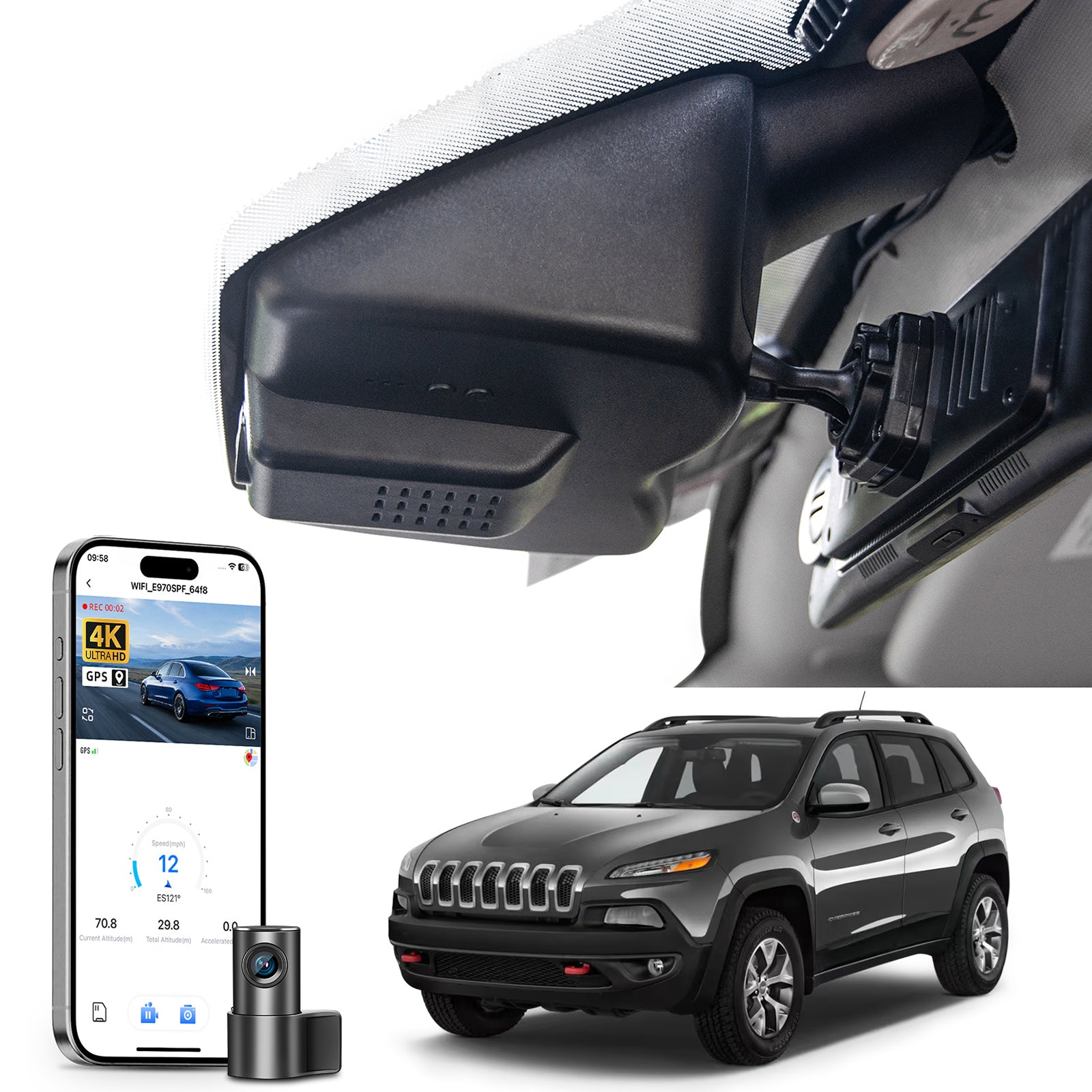 Mangoal 2 channel dash cam with STARVIS sensor, features smartphone app control, front 4K UHD and rear Full HD recording, GPS tracking, and Jeep Cherokee models in the background.