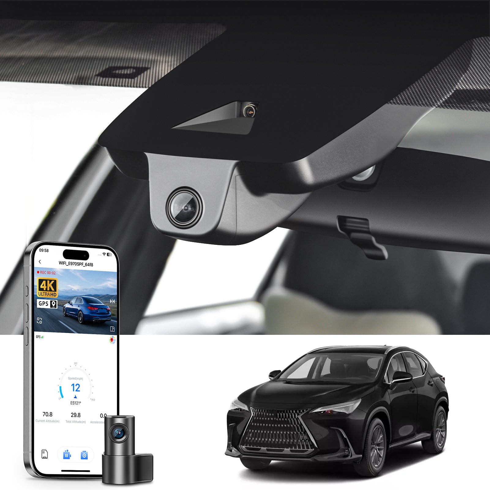 Mangoal 2 channel dash cam with STARVIS sensor, features smartphone app control, front 4K UHD and rear Full HD recording, GPS tracking, and Lexus NX models in the background.