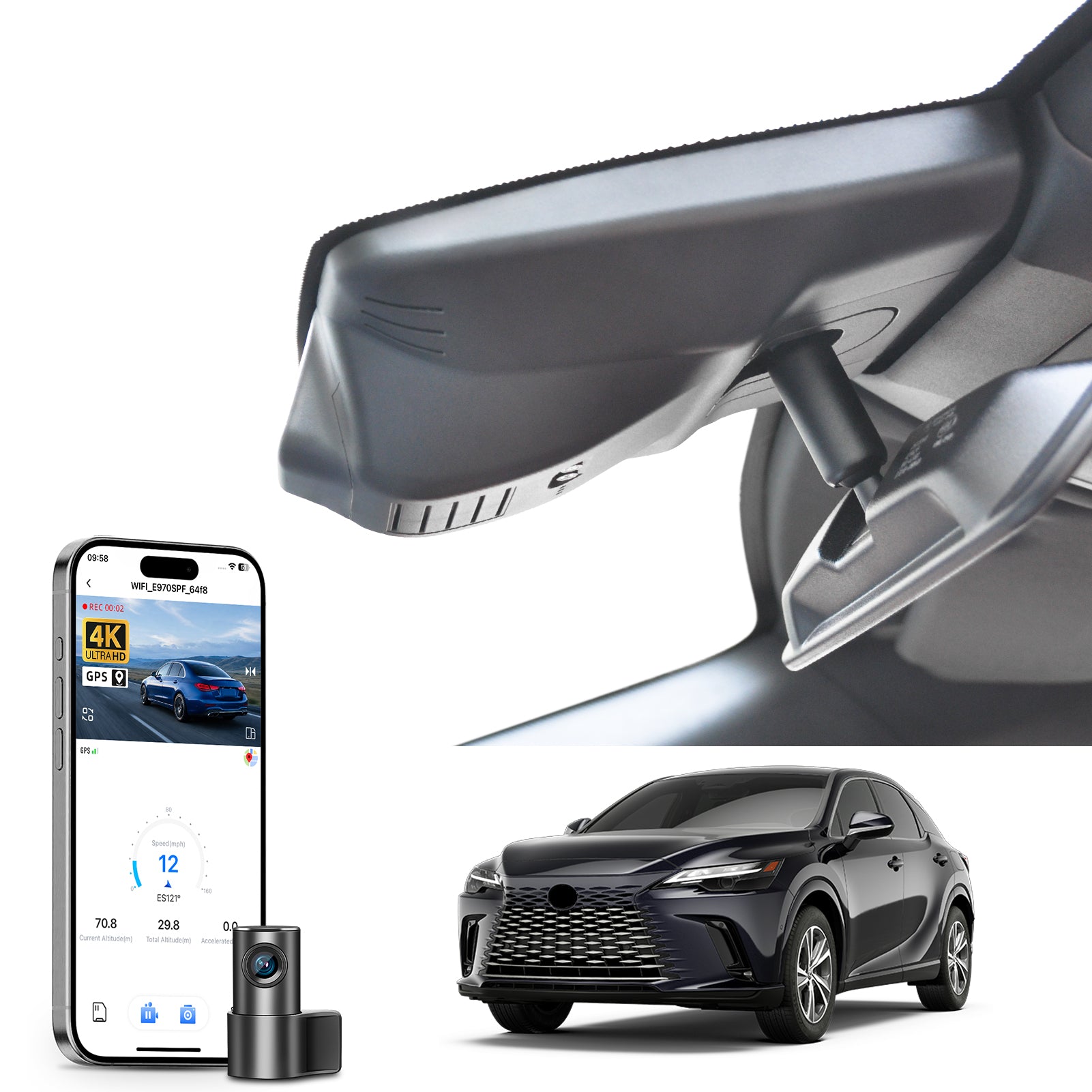 Mangoal 2 channel dash cam with STARVIS sensor, features smartphone app control, front 4K UHD and rear Full HD recording, GPS tracking, and Lexus RX models in the background.