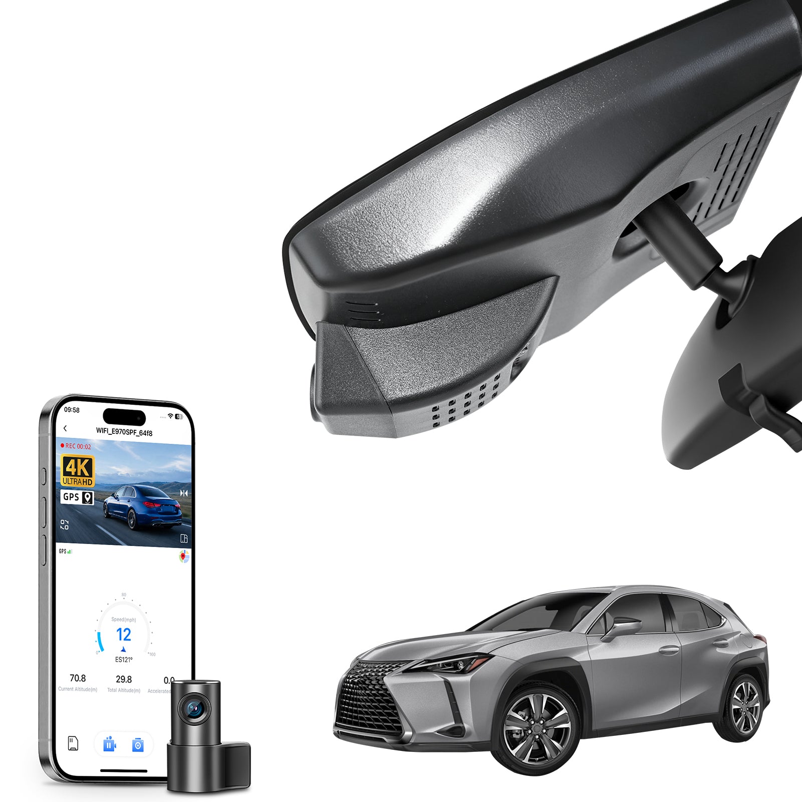 Mangoal 2 channel dash cam with STARVIS sensor, features smartphone app control, front 4K UHD and rear Full HD recording, GPS tracking, and Lexus UX models in the background.