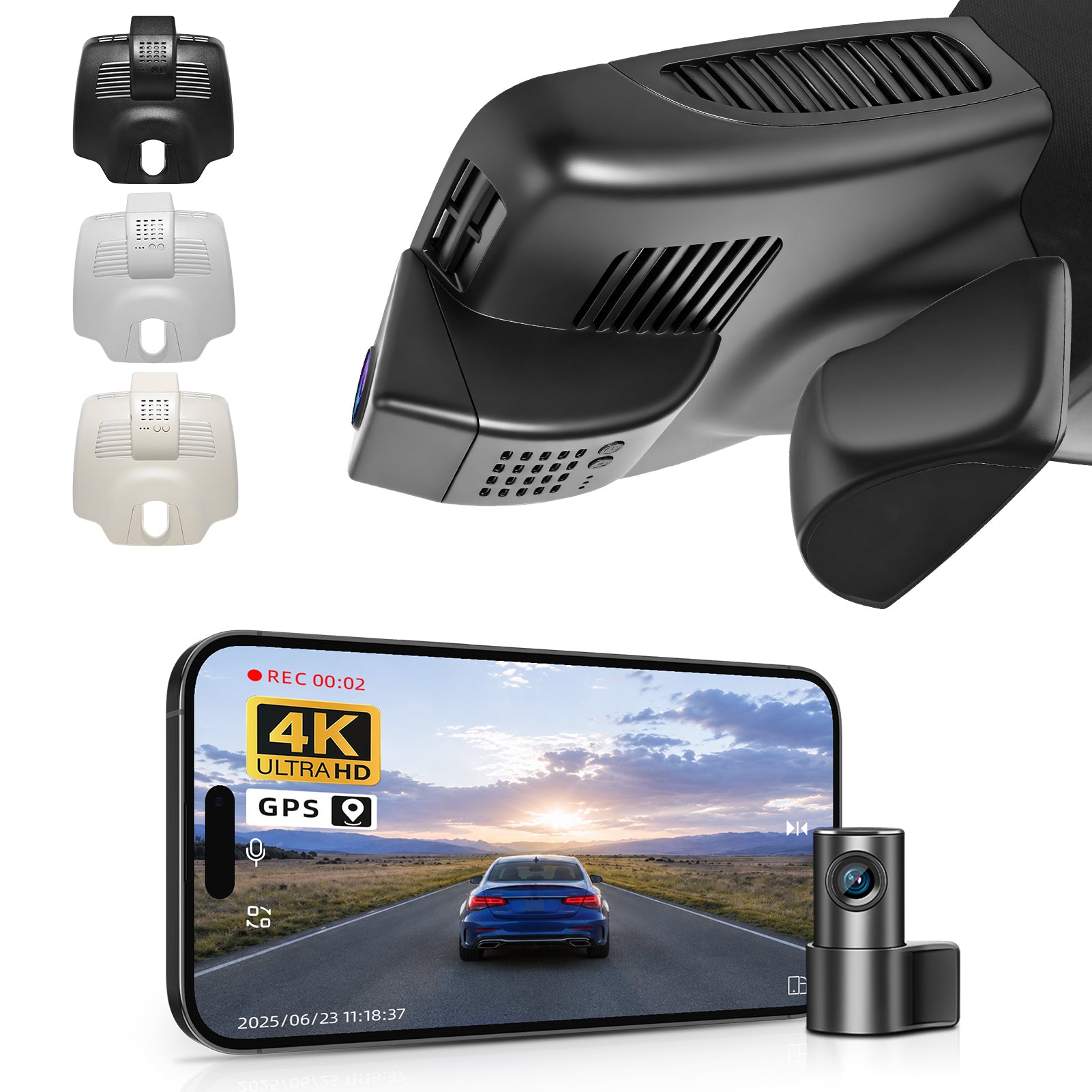 Mangoal 2 channel dash cam with STARVIS sensor, features smartphone app control, front 4K UHD and rear Full HD recording, GPS tracking, and Mercedes-Benz C-Class in the background.