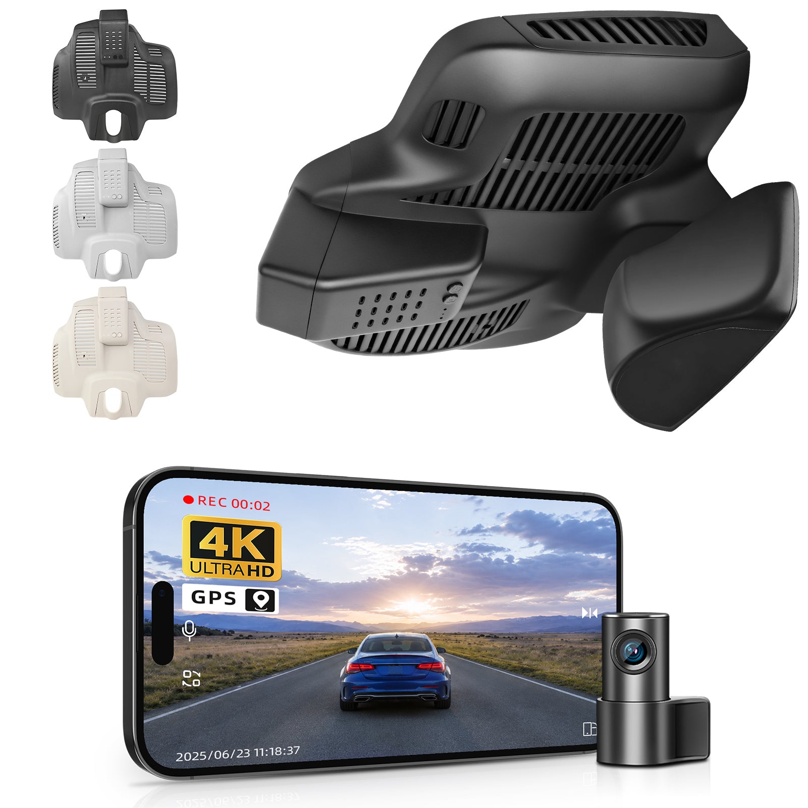 Mangoal 2 channel dash cam with STARVIS sensor, features smartphone app control, front 4K UHD and rear Full HD recording, GPS tracking, and Mercedes-Benz E-Class in the background.