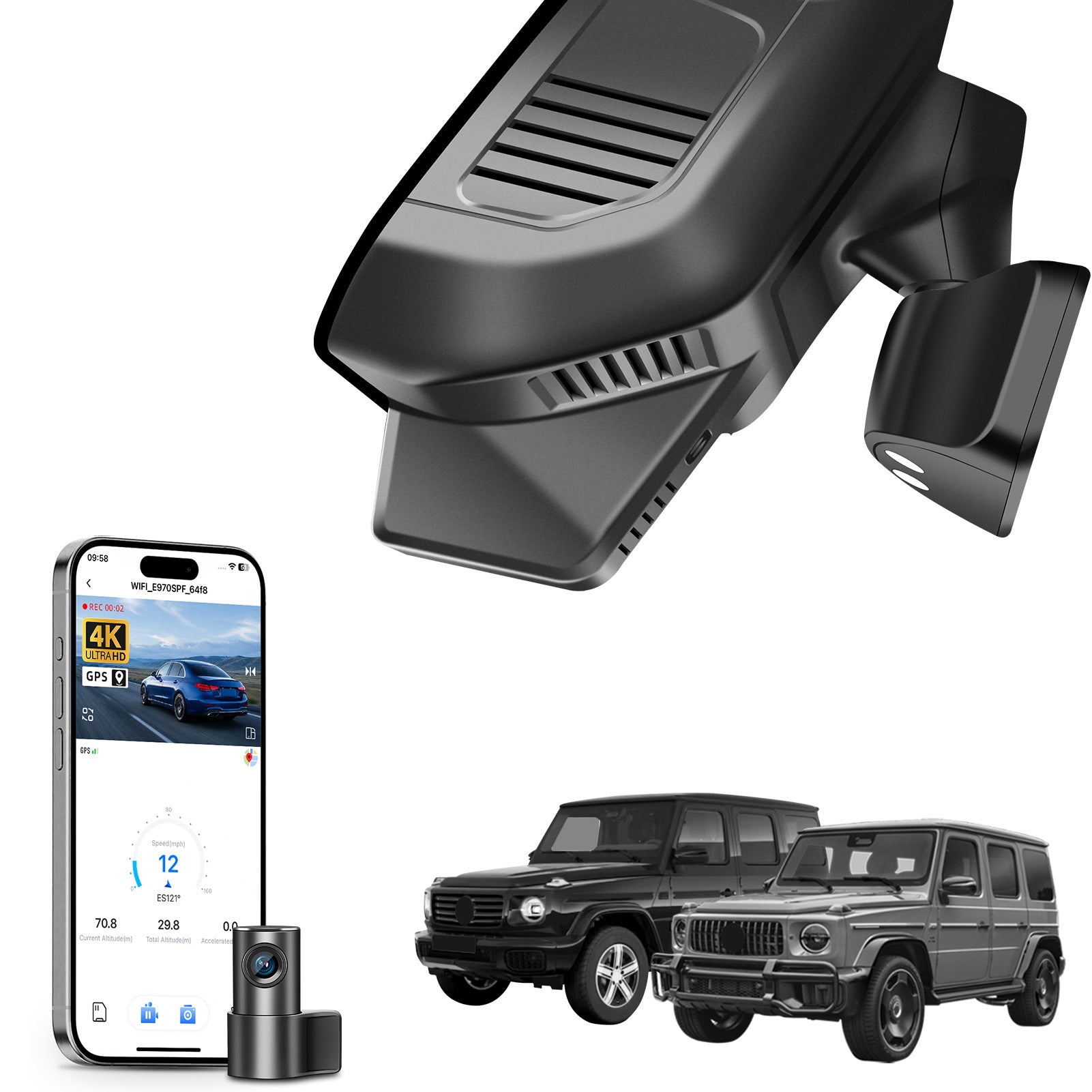 Mangoal 2 channel dash cam with STARVIS sensor, features smartphone app control, front 4K UHD and rear Full HD recording, GPS tracking, and Mercedes-Benz G-Class in the background.