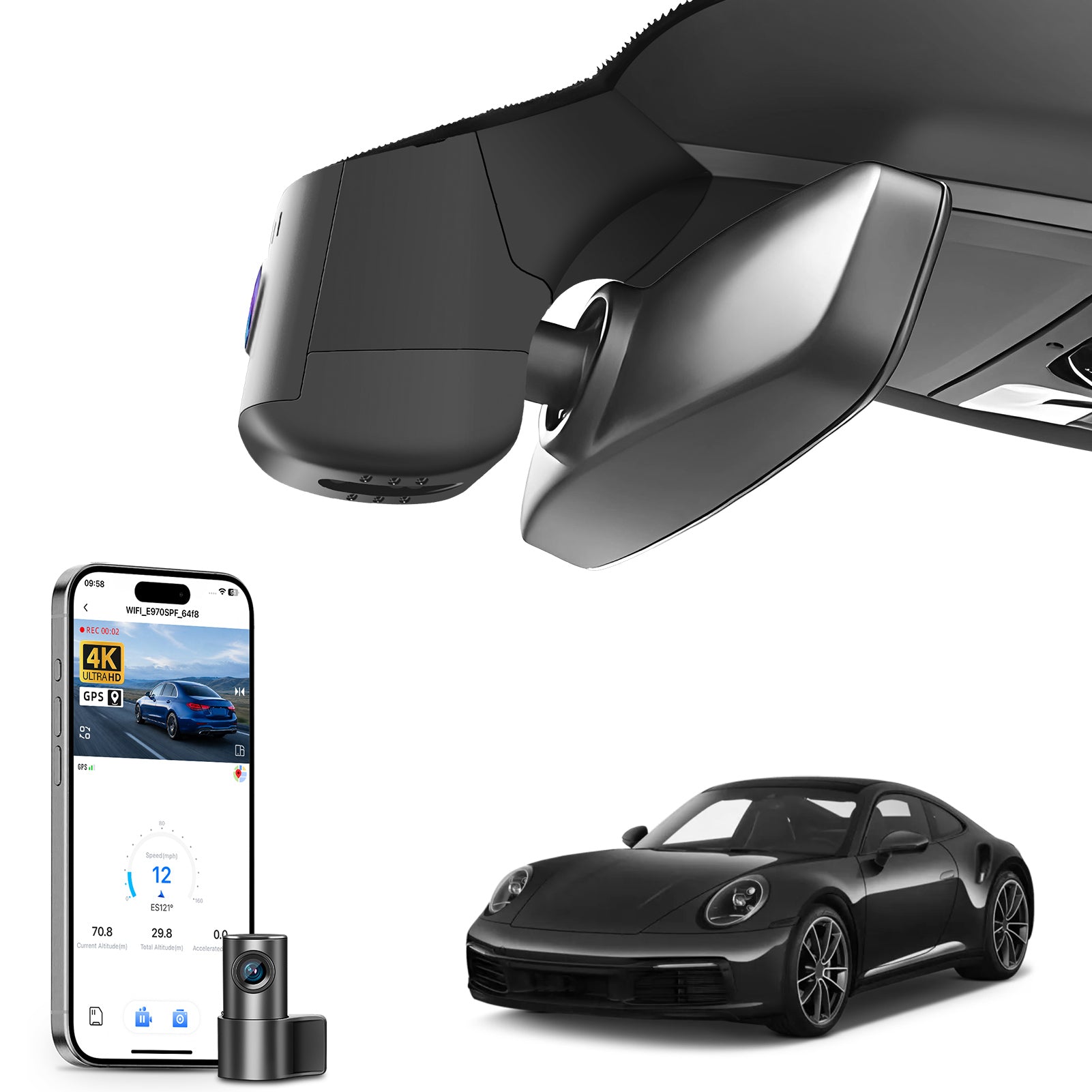 Mangoal 2 channel dash cam with STARVIS sensor, features smartphone app control, front 4K UHD and rear Full HD recording, GPS tracking, and Porsche models in the background.