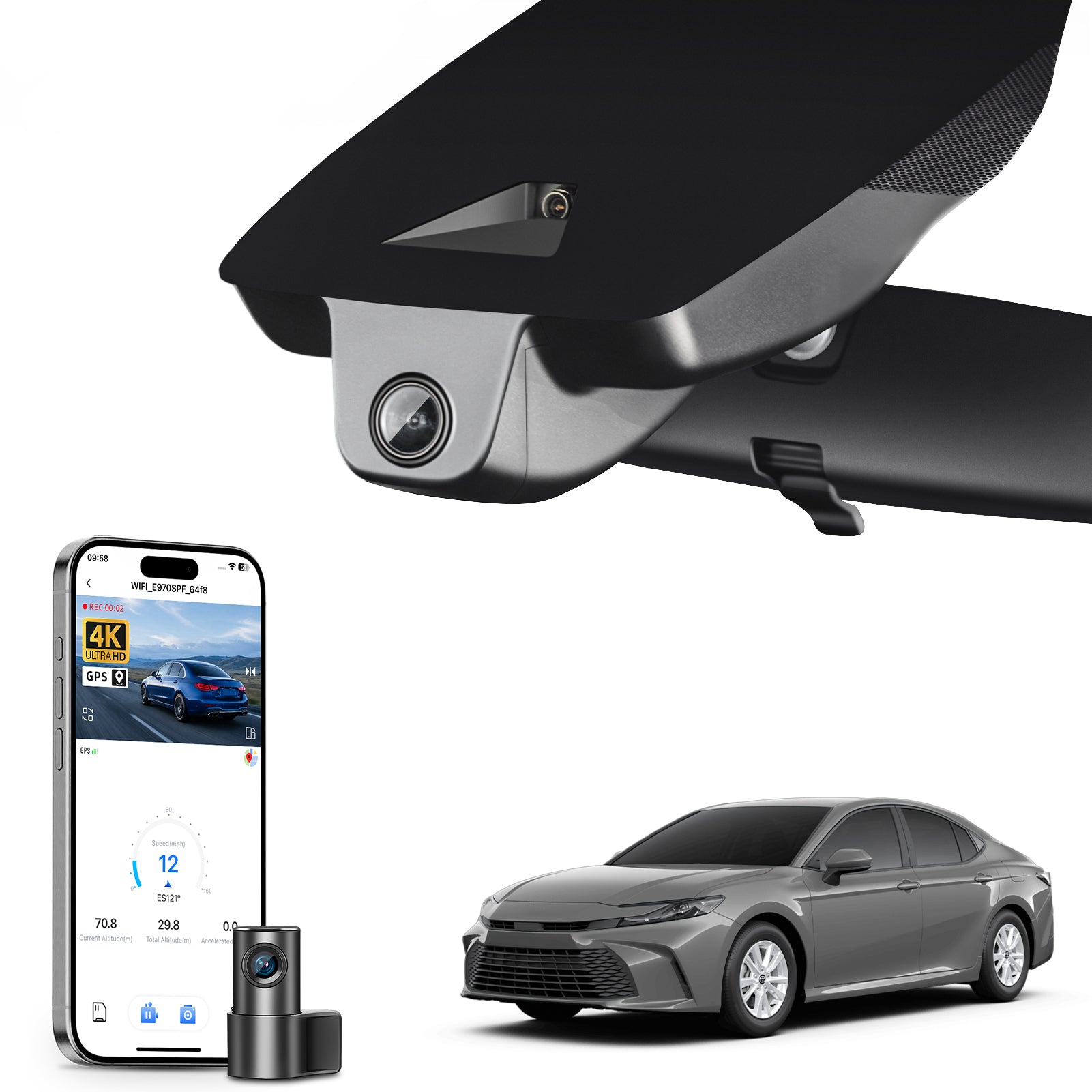 Mangoal 2 channel dash cam with STARVIS sensor, features smartphone app control, front 4K UHD and rear Full HD recording, GPS tracking, and Toyota Camry in the background.