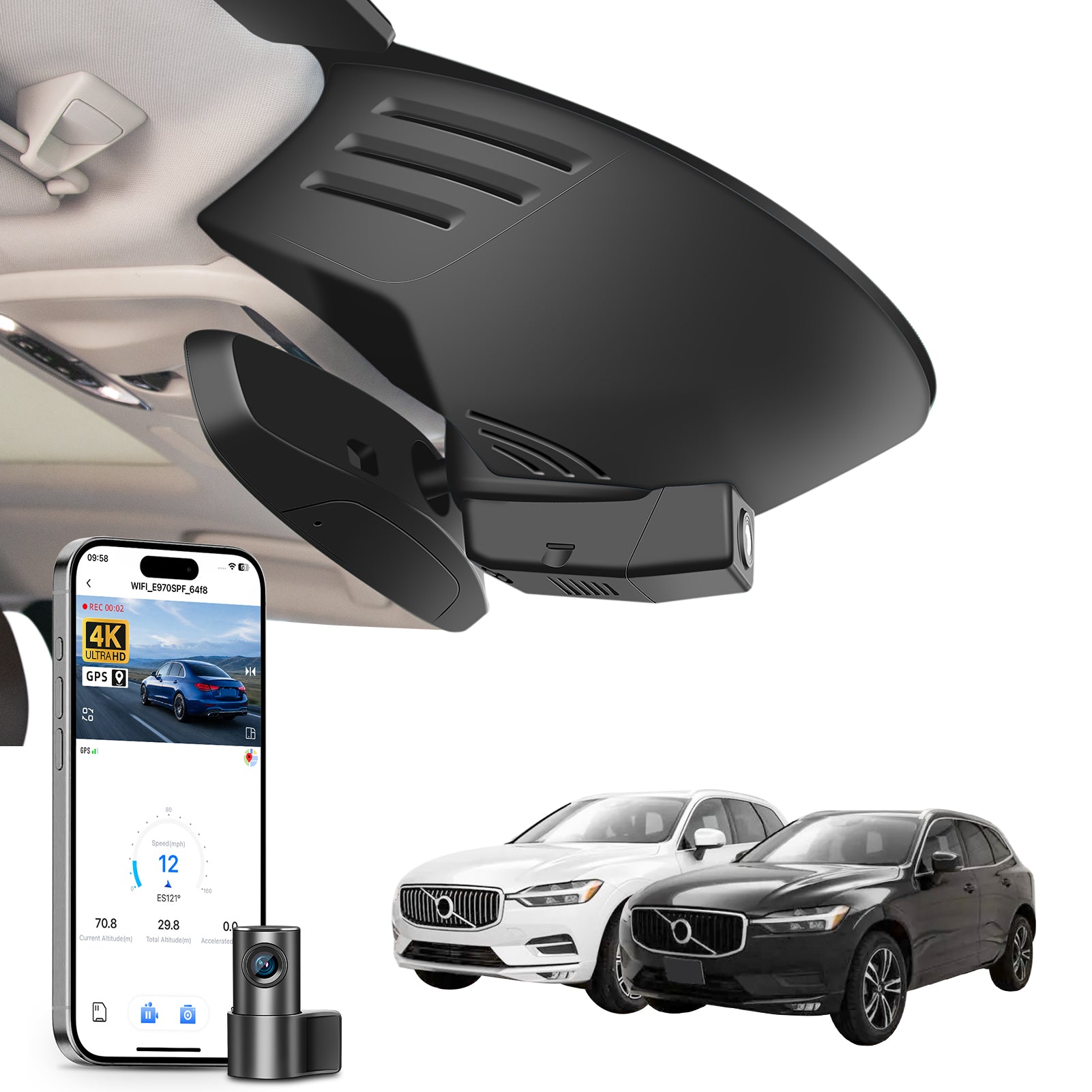 Mangoal 2 channel dash cam with STARVIS sensor, features smartphone app control, front 4K UHD and rear Full HD recording, GPS tracking, and Volvo XC60 in the background.