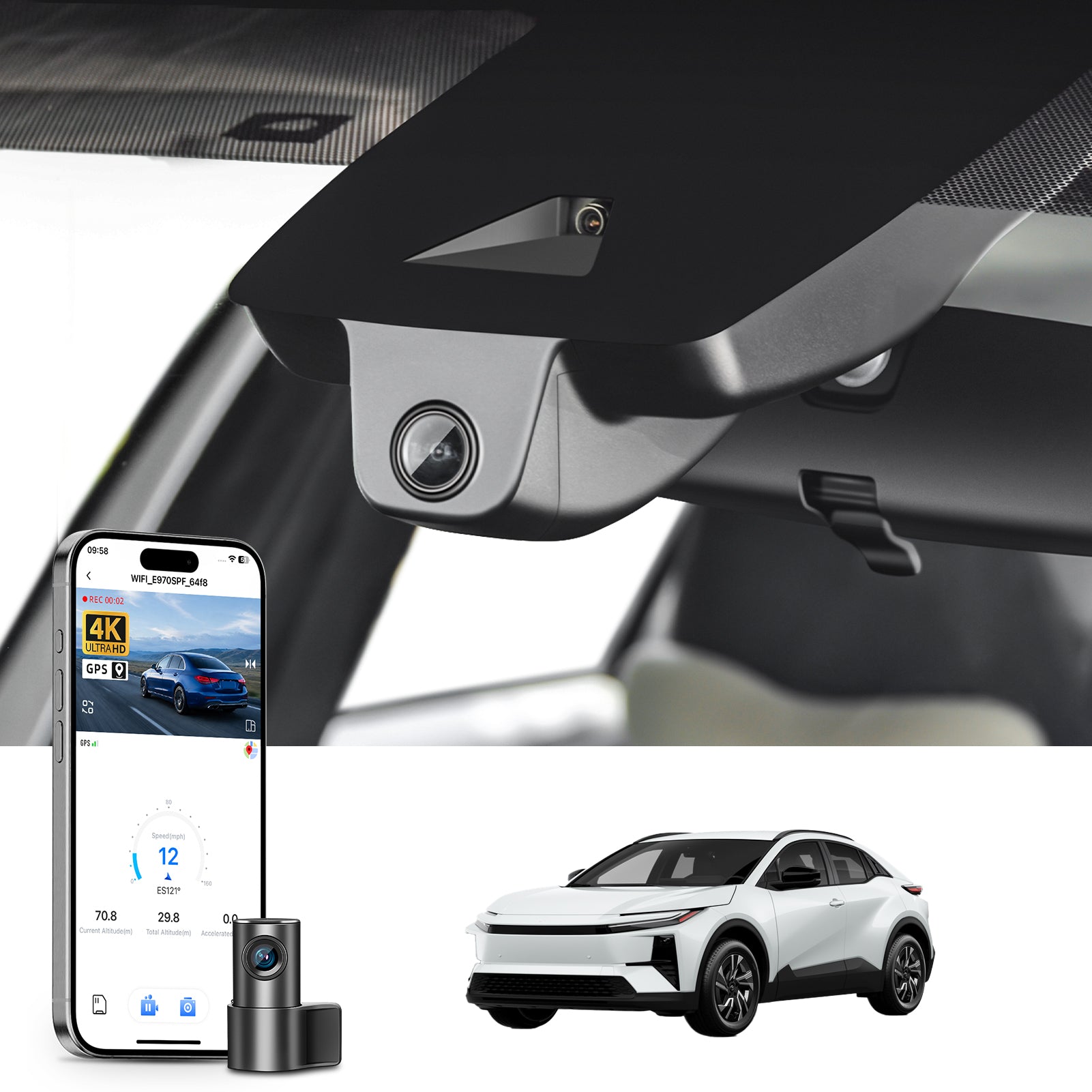 Mangoal 2 channel dash cam with STARVIS sensor, features smartphone app control, front 4K UHD and rear Full HD recording, GPS tracking and  Toyota C-HR models in the background.