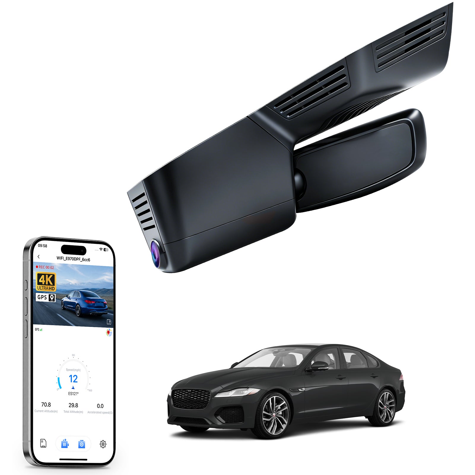 2 channel dash cam with dual STARVIS 2, features smartphone app control, 4K Ultra HD recording, GPS tracking, and Jaguar XF models in the background.