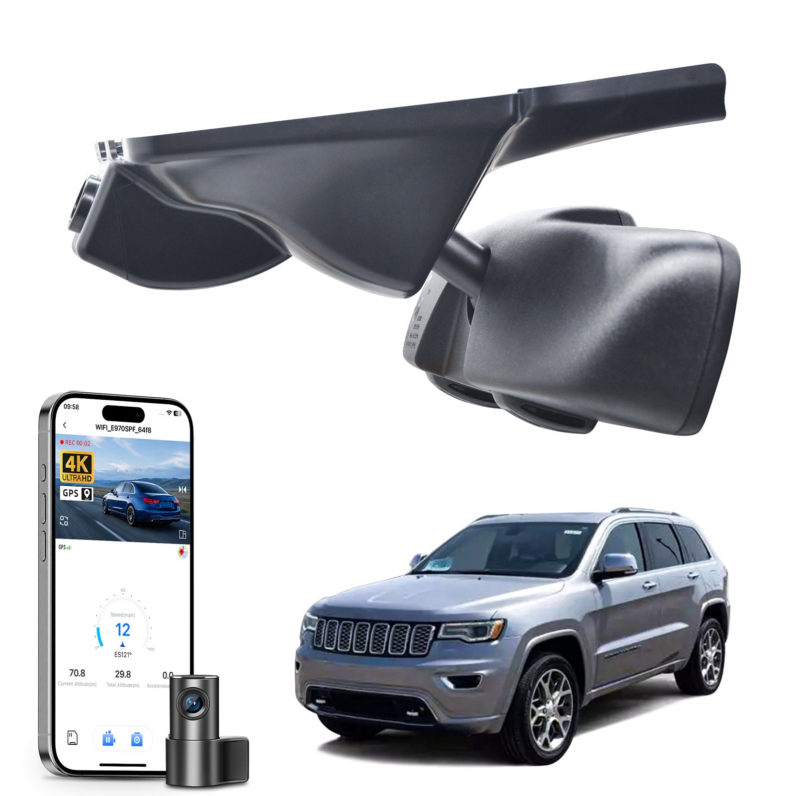 2 channel dash cam with dual STARVIS 2, features smartphone app control, 4K Ultra HD recording, GPS tracking, and Jeep Cherokee models in the background.