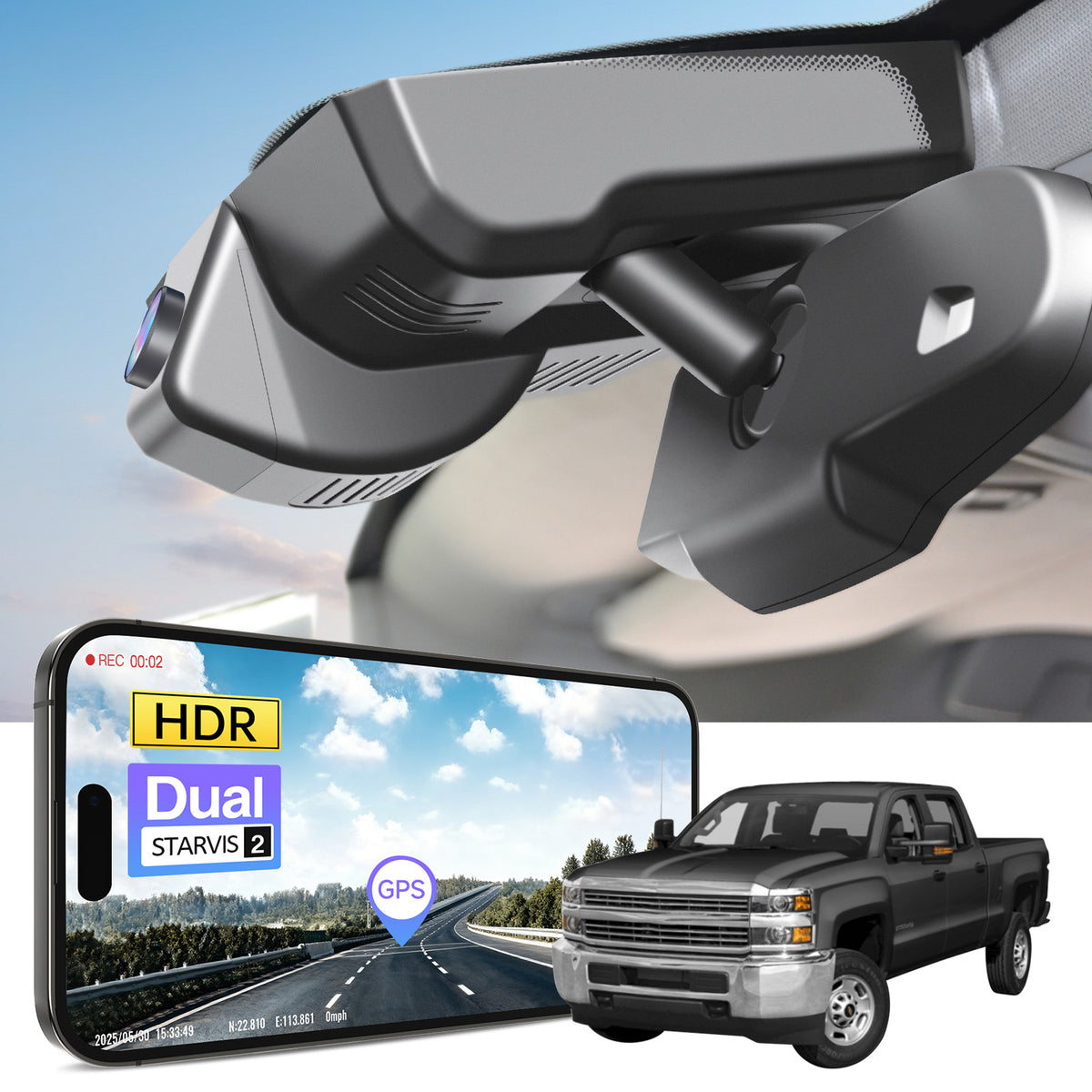 Car rearview mirror dash camera, smartphone displaying app interface, 4K Ultra HD recording, GPS tracking, and Chevy Silverado trucks models in the background.