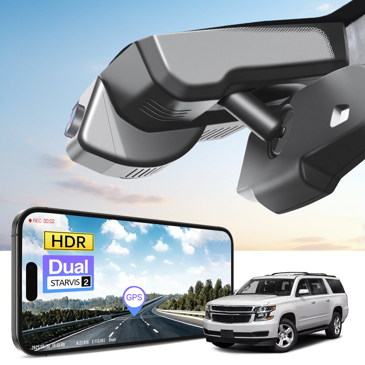 Car rearview mirror built-in dash cam with smartphone app control, 4K Ultra HD recording, GPS tracking, and Chevy Suburban Tahoe SUV models in the background.