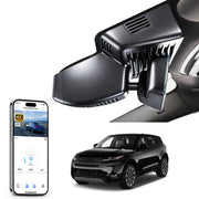 Car rearview mirror built-in dash cam with smartphone app control, 4K Ultra HD recording, GPS tracking and Land Rover Range Rover Evoque models in the background.