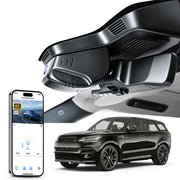 Car rearview mirror built-in dash cam with smartphone app control, 4K Ultra HD recording, GPS tracking and Land Rover Range Rover & Range Rover Sport models in the background.