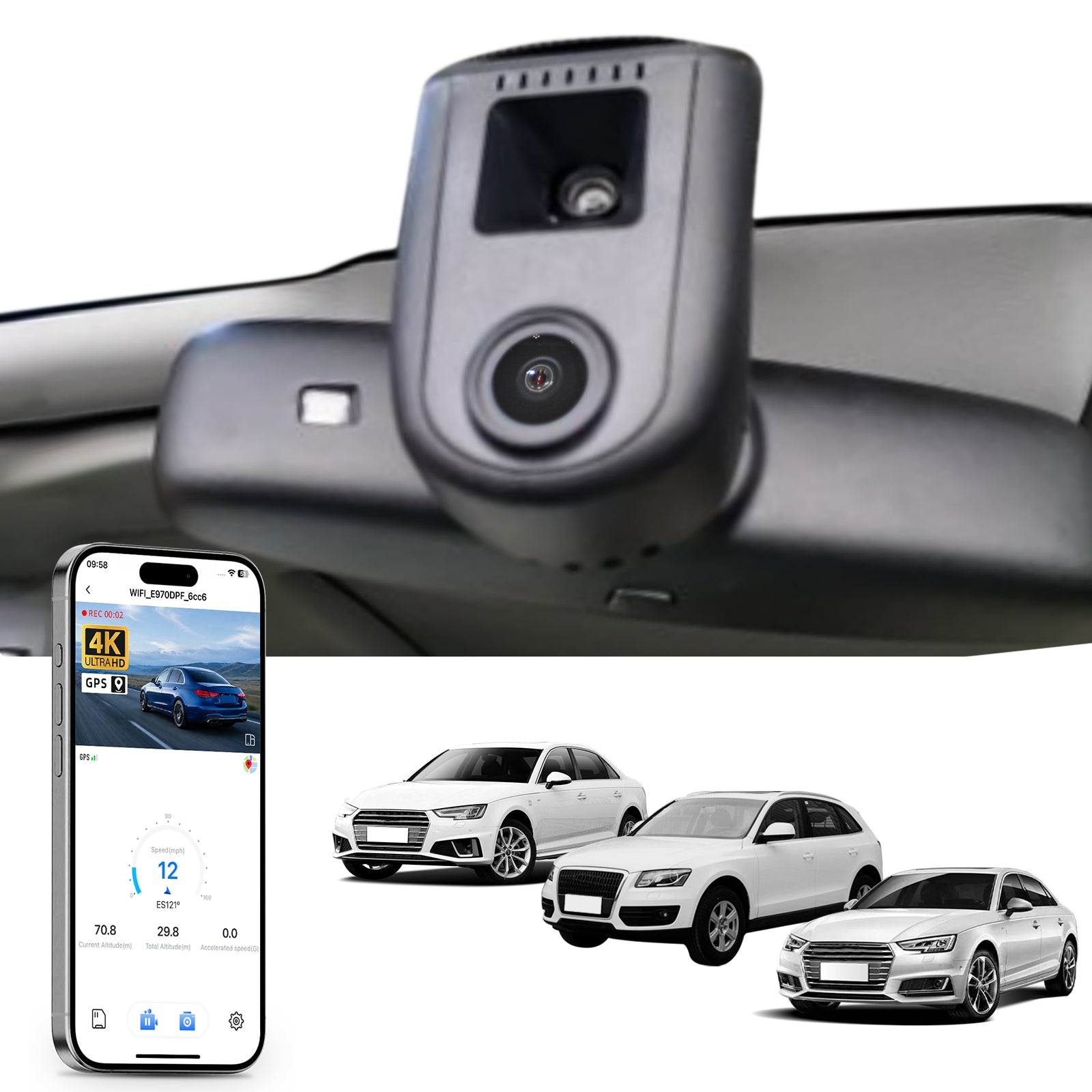 Mangoal rearview mirror built-in dash cam with smartphone app control, 4K Ultra HD recording, GPS tracking, and Audi Black models in the background.