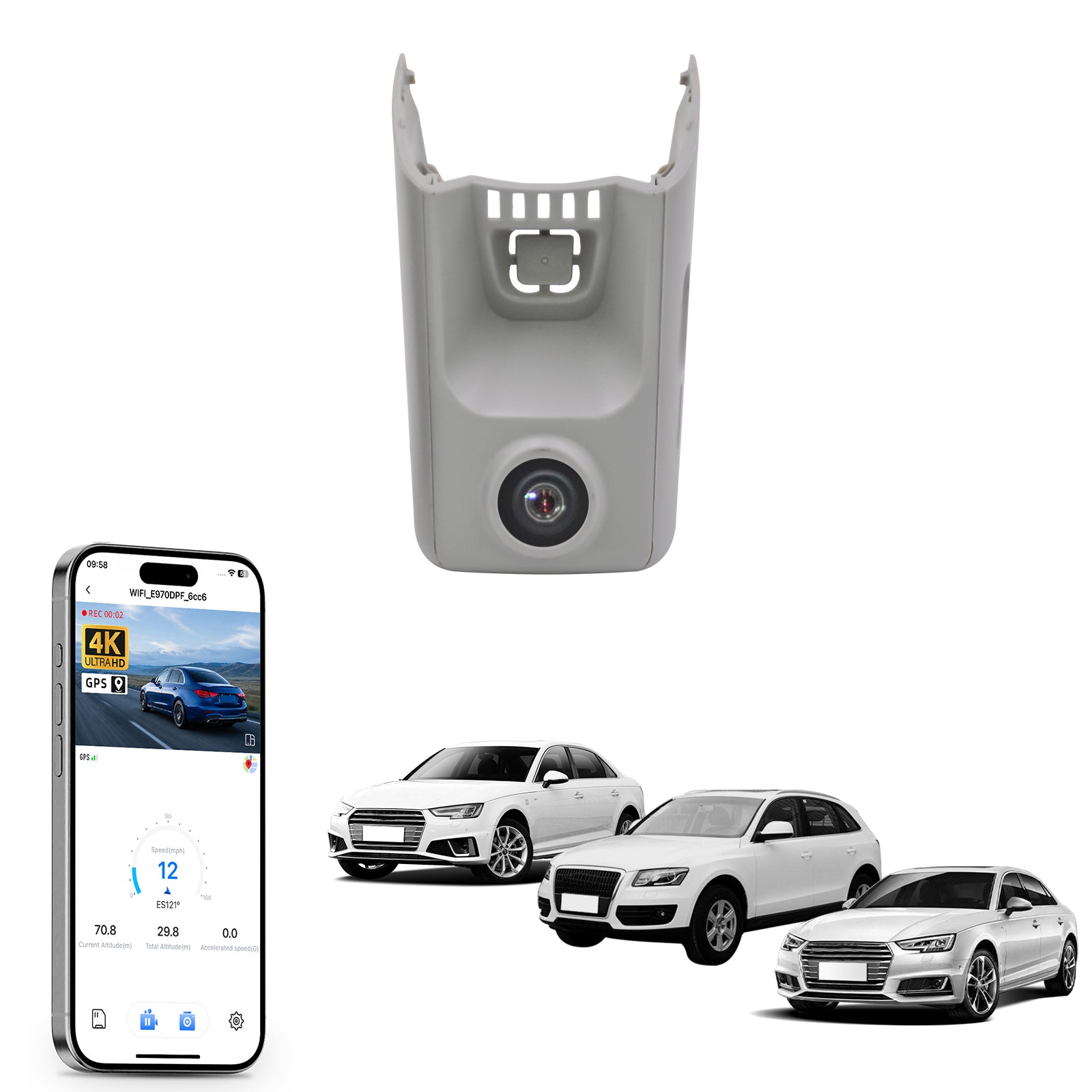 Mangoal rearview mirror built-in dash cam with smartphone app control, 4K Ultra HD recording, GPS tracking, and Audi Gray models in the background.