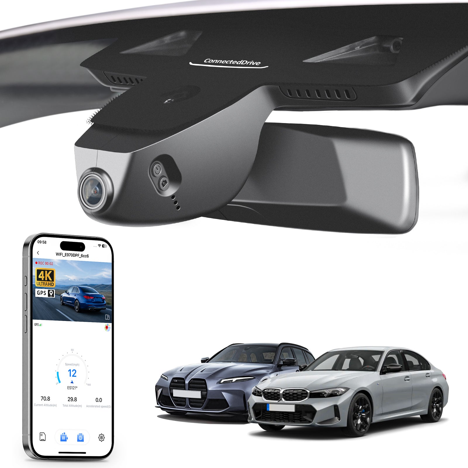 Mangoal rearview mirror built-in dash cam with smartphone app control, 4K Ultra HD recording, GPS tracking, and BMW 3 Series Gen7 models in the background.