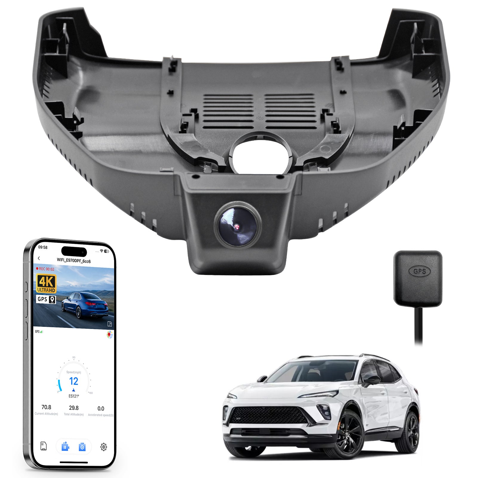 Mangoal rearview mirror built-in dash cam with smartphone app control, 4K Ultra HD recording, GPS tracking, and Buick Envision models in the background.