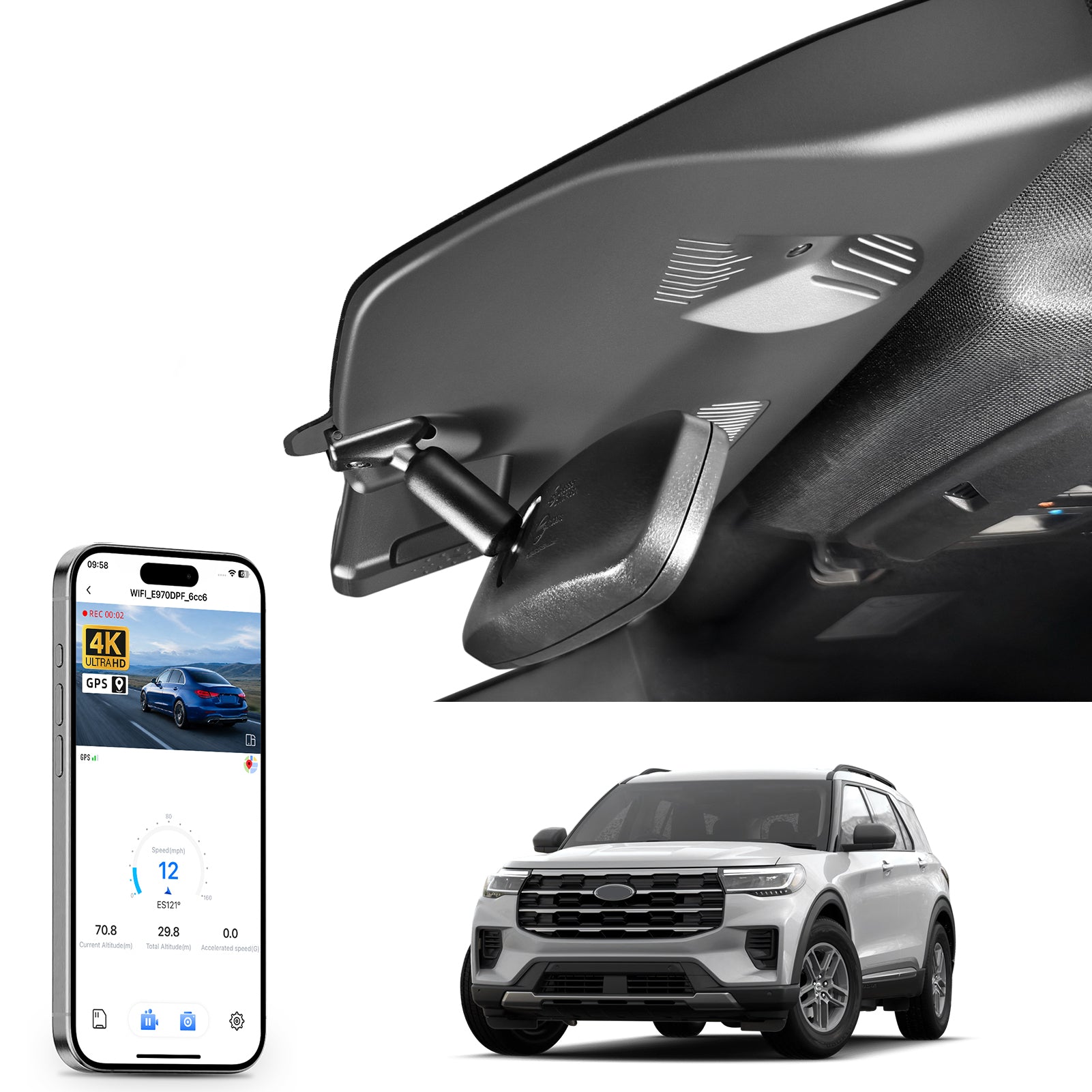 Mangoal rearview mirror built-in dash cam with smartphone app control, 4K Ultra HD recording, GPS tracking, and Ford Explorer models in the background.
