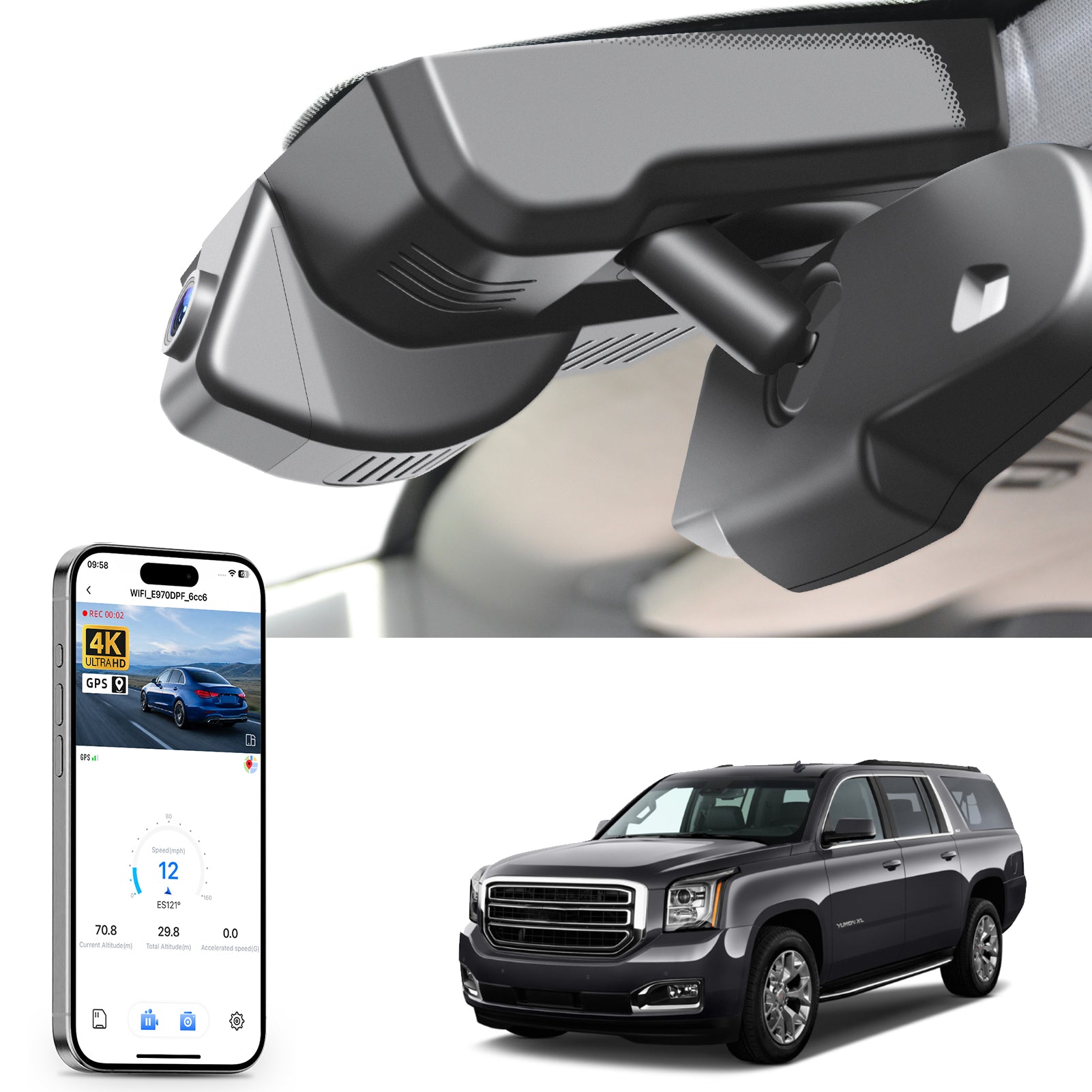 Mangoal rearview mirror built-in dash cam with smartphone app control, 4K Ultra HD recording, GPS tracking, and GMC Yukon models in the background.