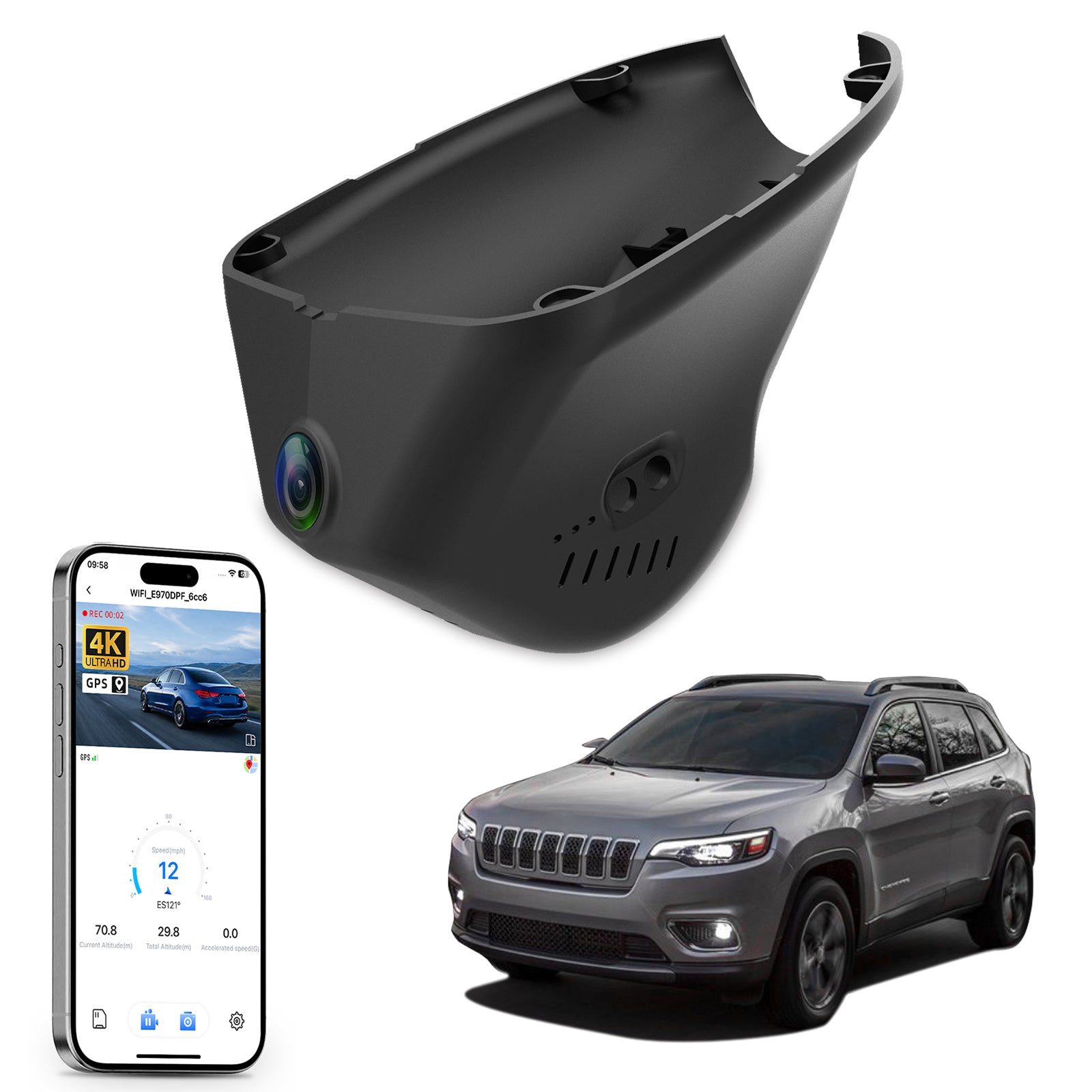 Mangoal rearview mirror built-in dash cam with smartphone app control, 4K Ultra HD recording, GPS tracking, and Jeep-Cherokee models in the background.
