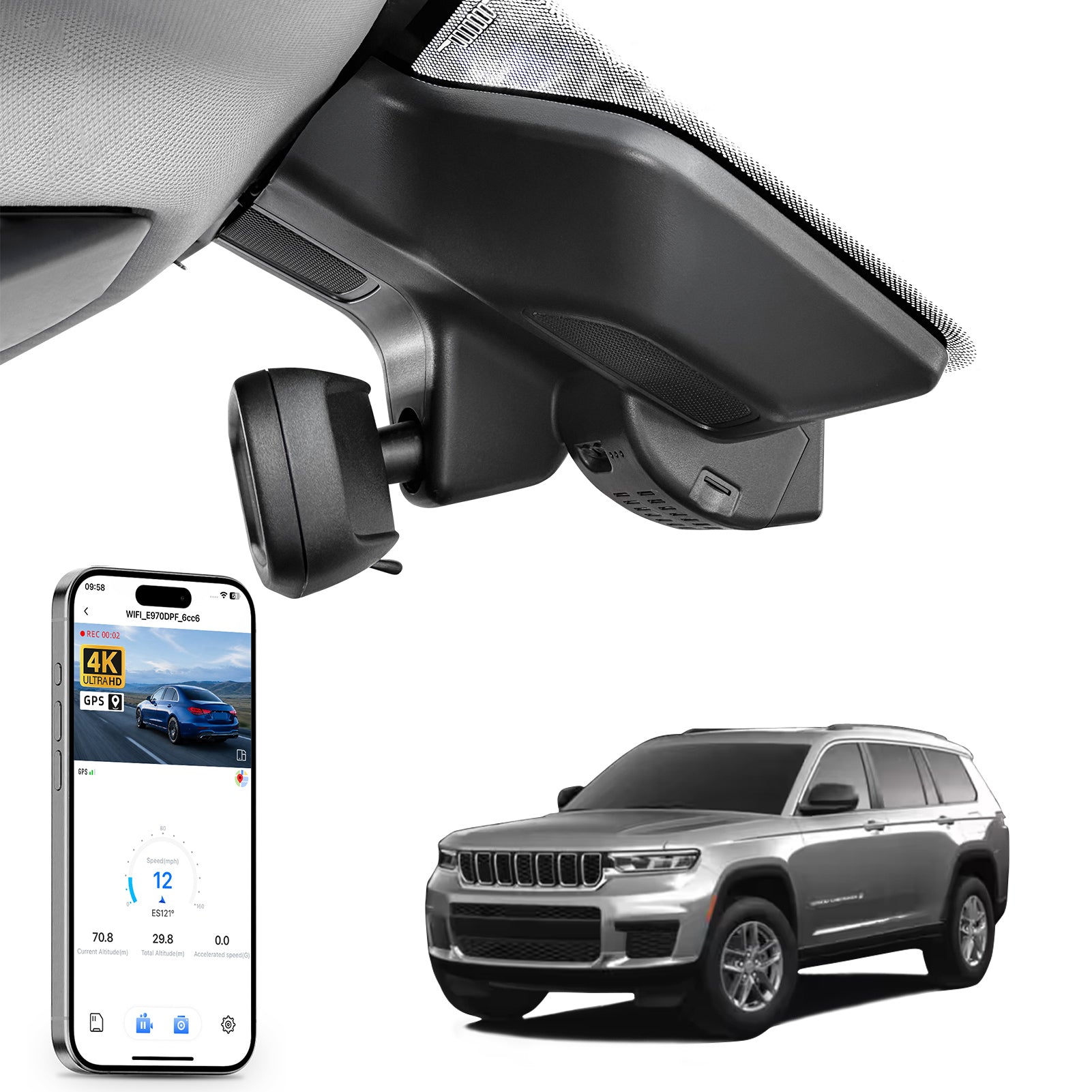 Mangoal rearview mirror built-in dash cam with smartphone app control, 4K Ultra HD recording, GPS tracking, and Jeep-Grand-Cherokee models in the background.