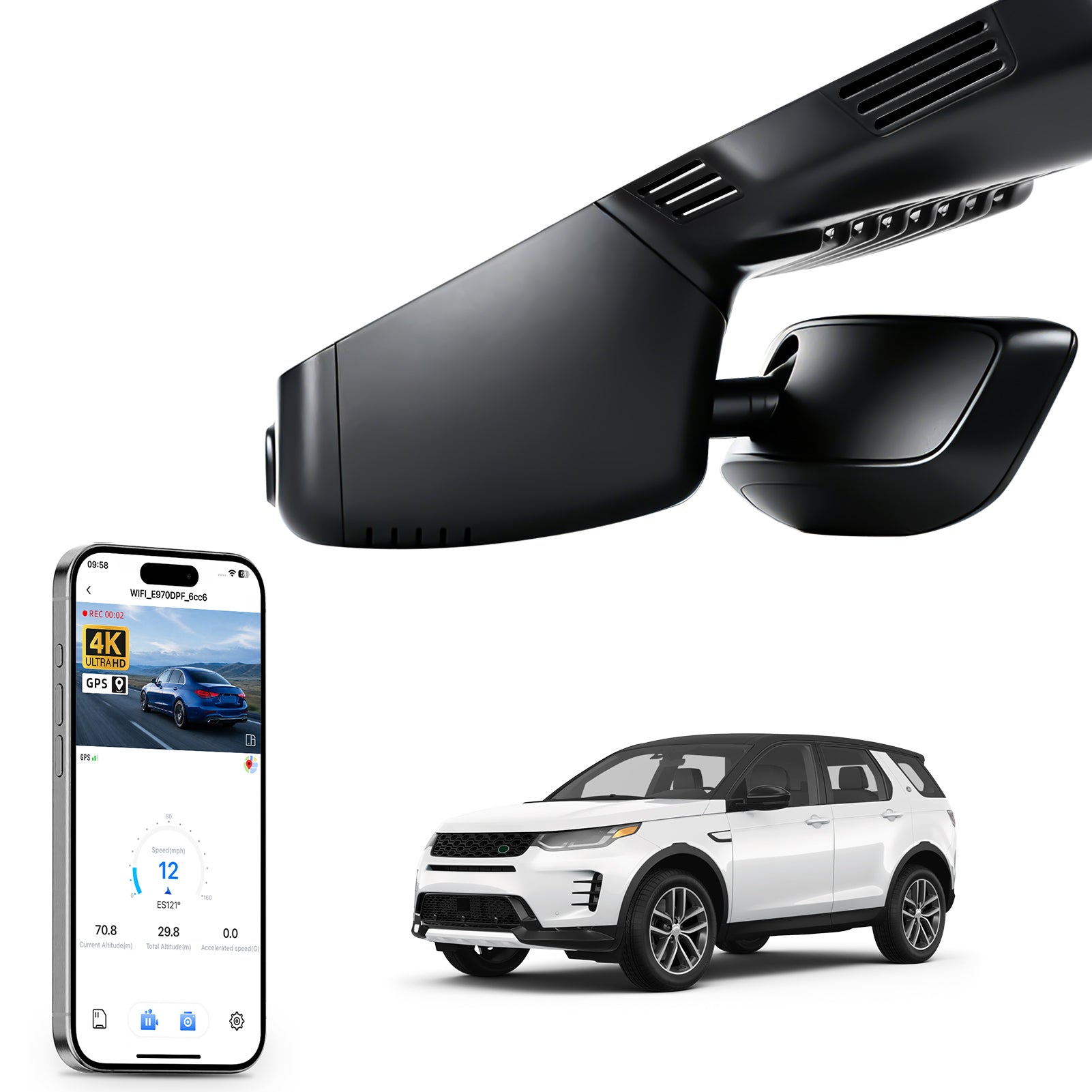 Mangoal rearview mirror built-in dash cam with smartphone app control, 4K Ultra HD recording, GPS tracking, and Land Rover Discovery Sport models in the background.