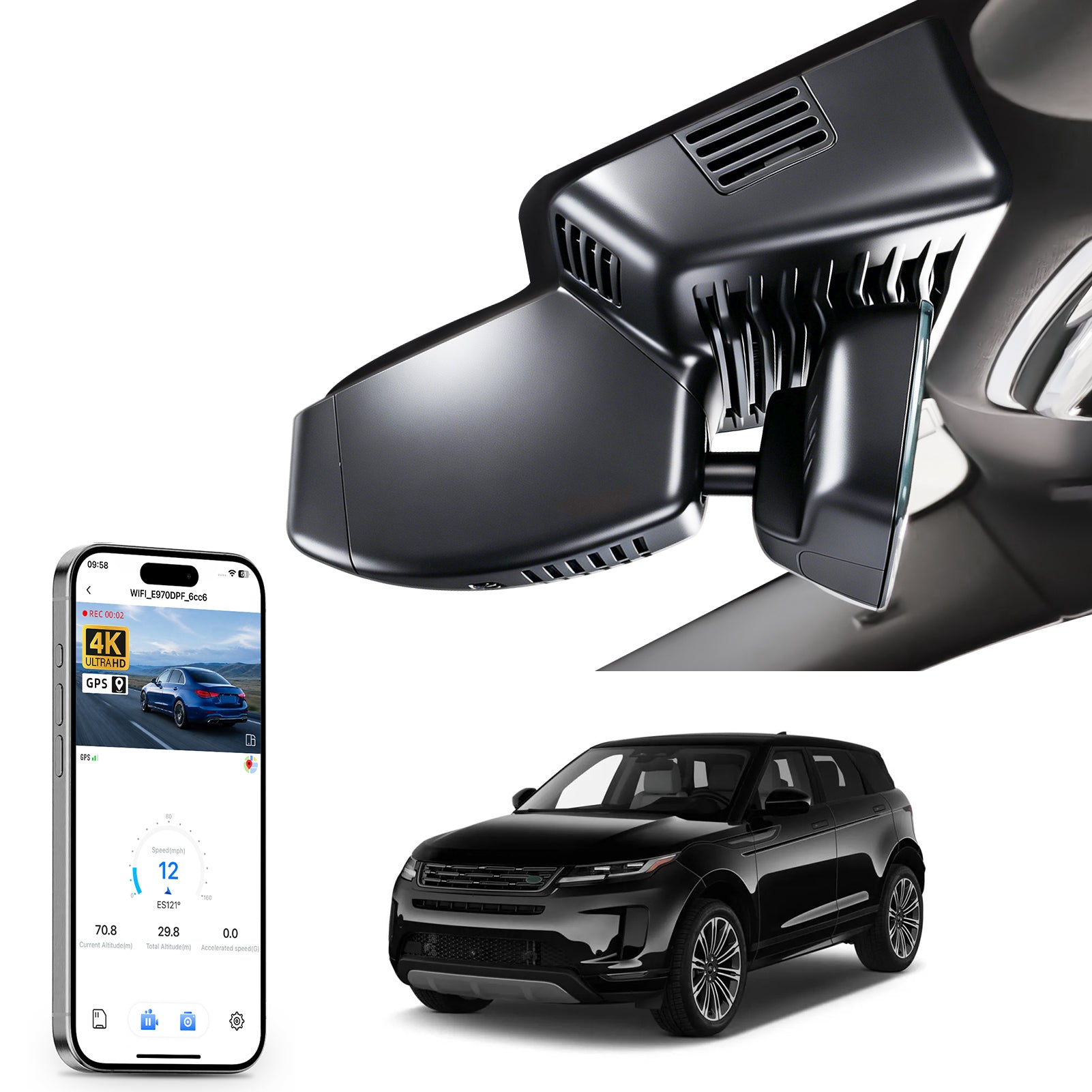 Mangoal rearview mirror built-in dash cam with smartphone app control, 4K Ultra HD recording, GPS tracking and Land Land Rover Range Rover Evoque models in the background.