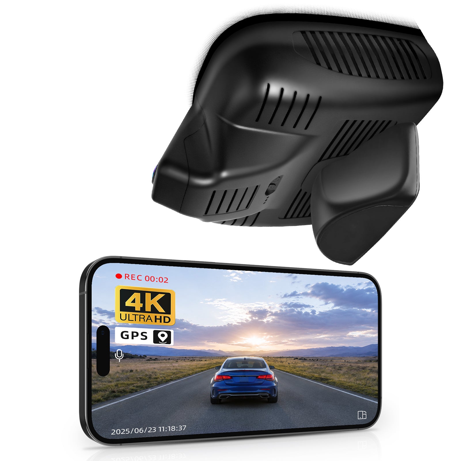 Mangoal rearview mirror built-in dash cam with smartphone app control, 4K Ultra HD recording, GPS tracking, and Mercedes-Benz GLB models in the background.