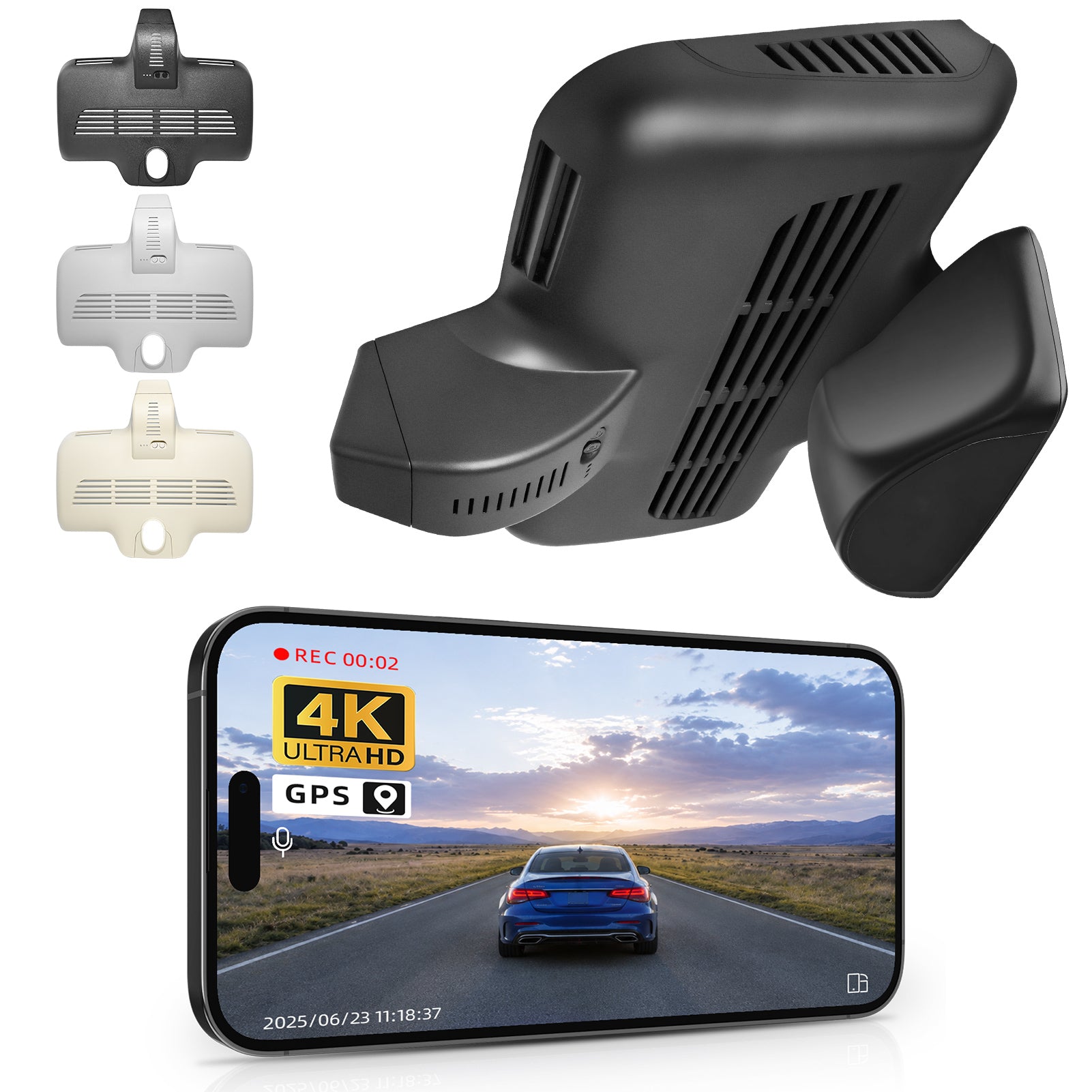 Mangoal rearview mirror built-in dash cam with smartphone app control, 4K Ultra HD recording, GPS tracking, and Mercedes-Benz GLC Gen1 models in the background.