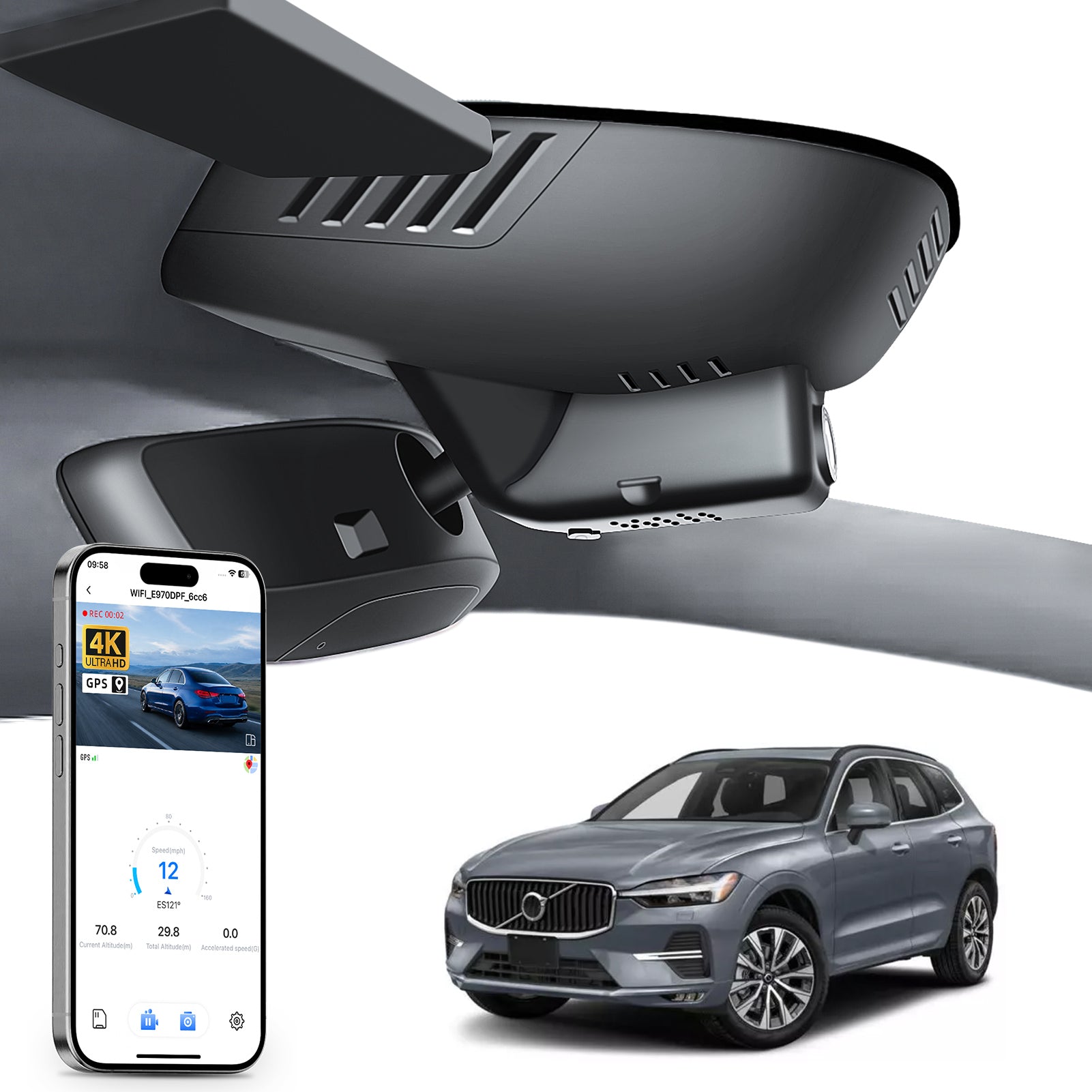 Mangoal rearview mirror built-in dash cam with smartphone app control, 4K Ultra HD recording, GPS tracking, and Volvo XC60 models in the background.