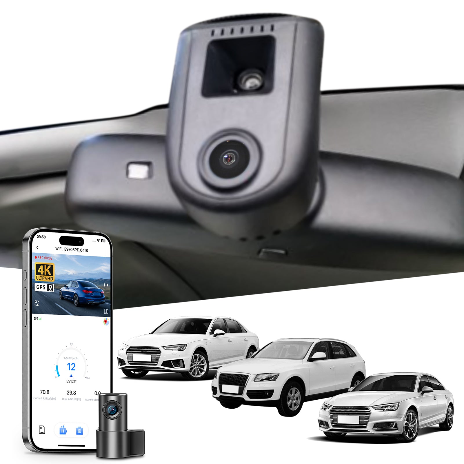 Mangoal 2 channel dash cam with STARVIS sensor, features smartphone app control, front 4K UHD and rear Full HD recording, GPS tracking, and Audi Black models in the background.