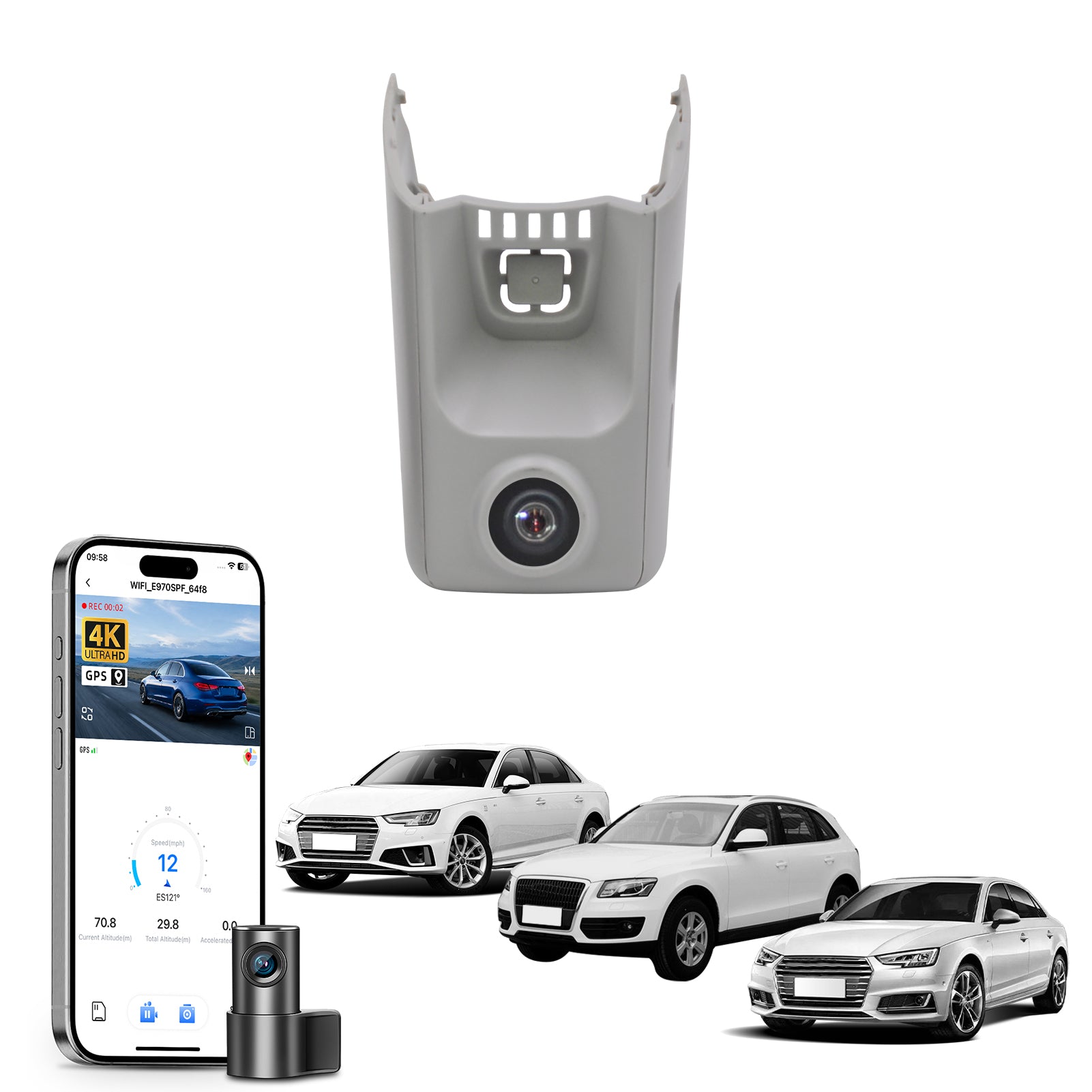 Mangoal 2 channel dash cam with STARVIS sensor, features smartphone app control, front 4K UHD and rear Full HD recording, GPS tracking, and Audi Gray models in the background.