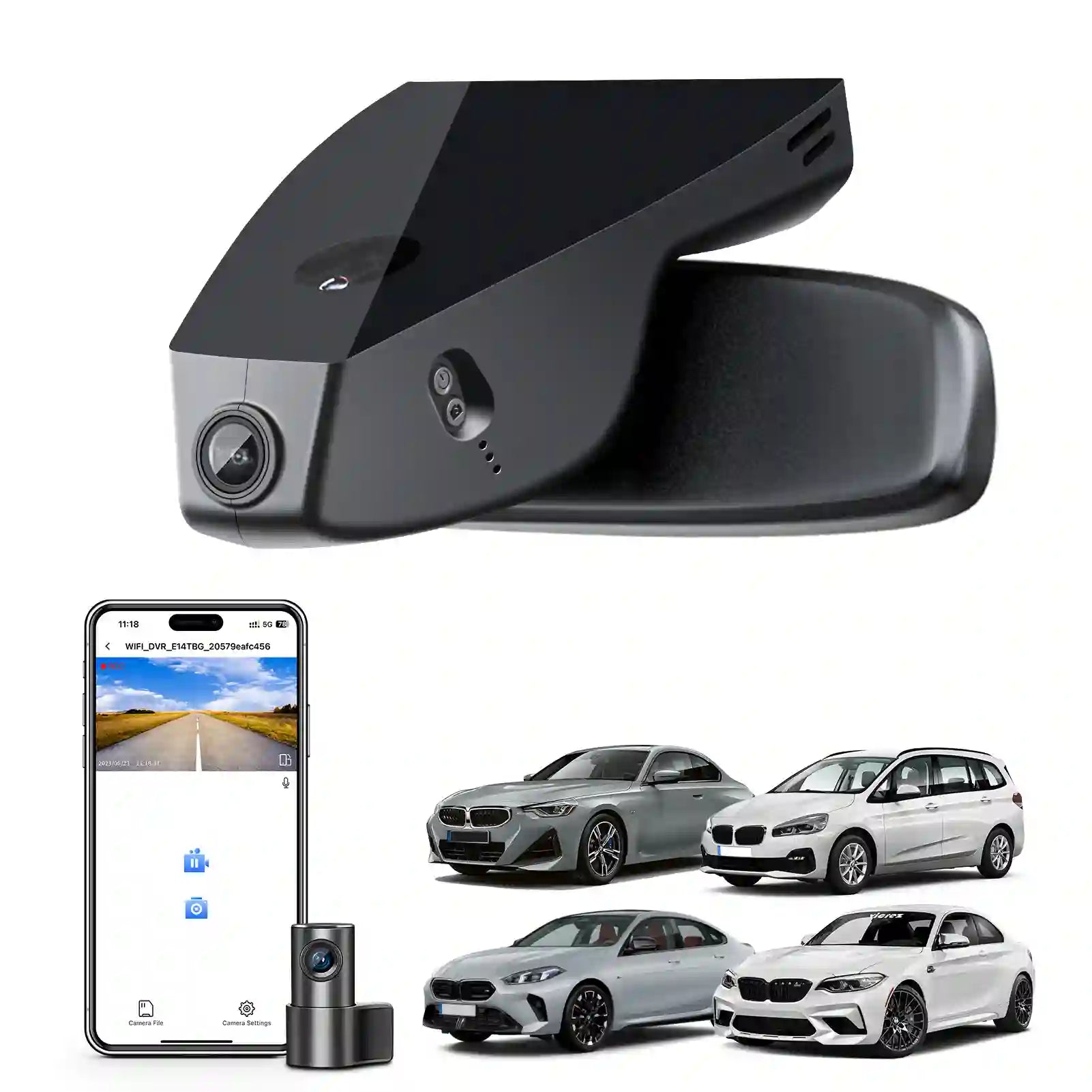 Mangoal 2 channel dash cam with STARVIS sensor, features smartphone app control, front 4K UHD and rear Full HD recording, GPS tracking, and BMW 2 Series M2 models in the background.