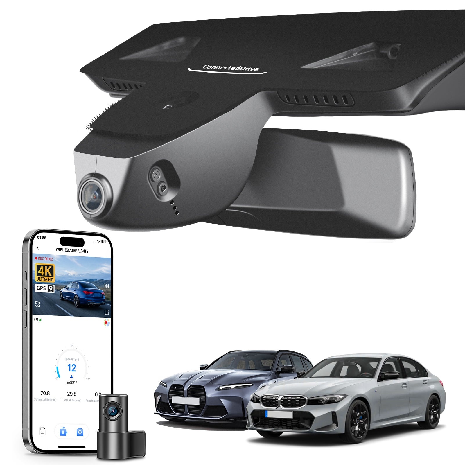 Mangoal 2 channel dash cam with STARVIS sensor, features smartphone app control, front 4K UHD and rear Full HD recording, GPS tracking, and BMW 3 Series Gen7 models in the background.