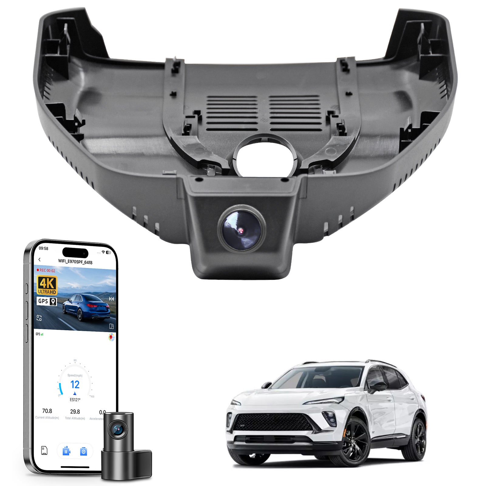 Mangoal 2 channel dash cam with STARVIS sensor, features smartphone app control, front 4K UHD and rear Full HD recording, GPS tracking, and Buick Envision models in the background.