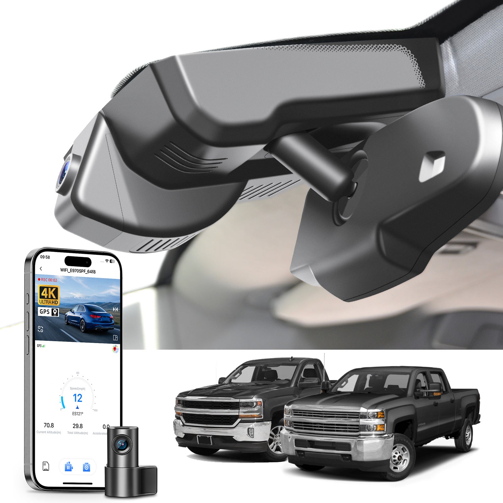 Mangoal 2 channel dash cam with STARVIS sensor, features smartphone app control, front 4K UHD and rear Full HD recording, GPS tracking, and Chevy Silverado models in the background.