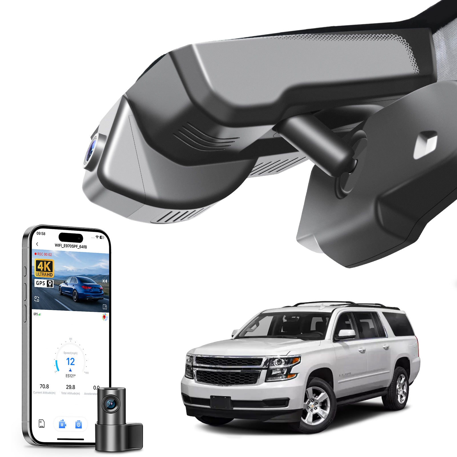 Mangoal 2 channel dash cam with STARVIS sensor, features smartphone app control, front 4K UHD and rear Full HD recording, GPS tracking, and Chevy Suburban Tahoe models in the background.