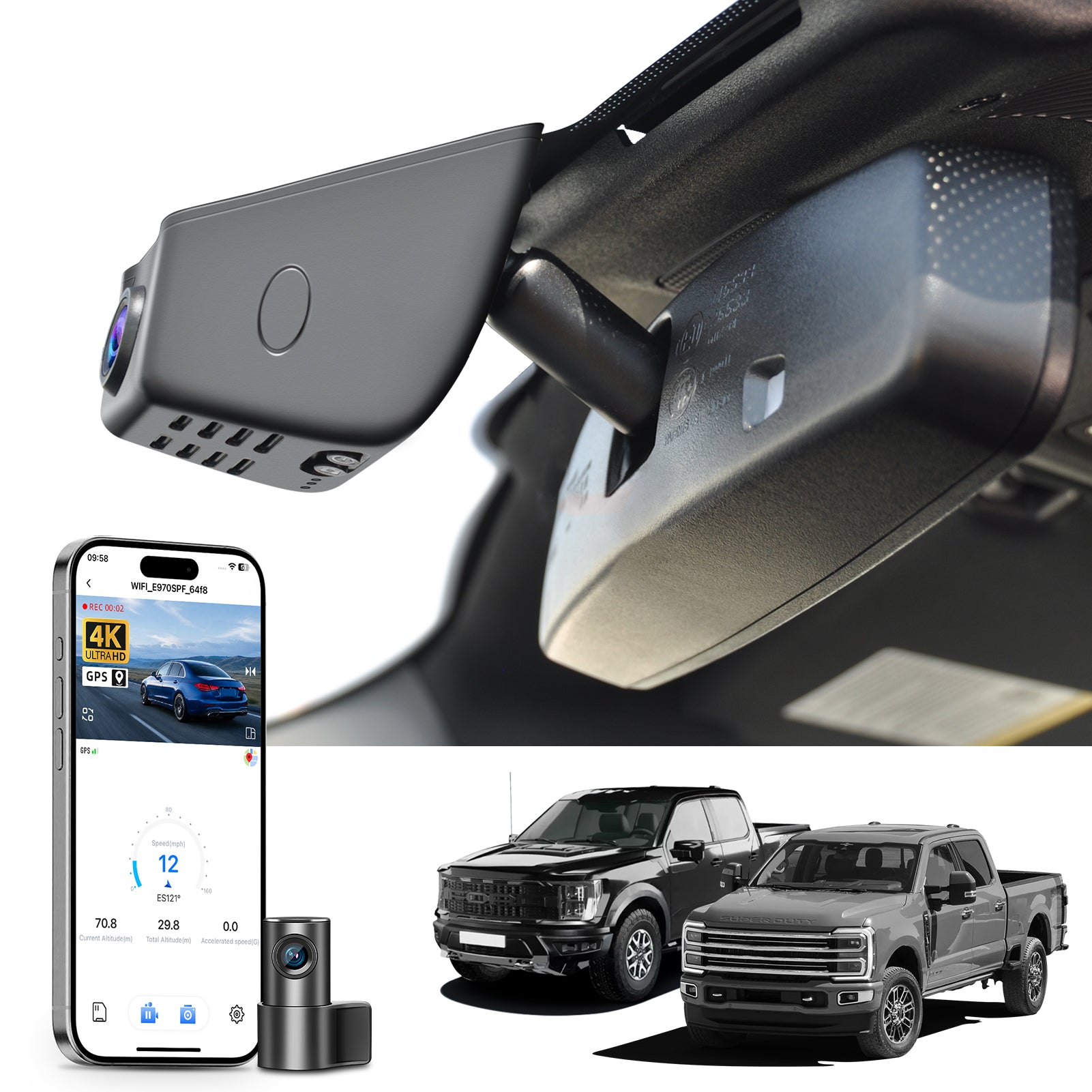 Mangoal 2 channel dash cam with STARVIS sensor, features smartphone app control, front 4K UHD and rear Full HD recording, GPS tracking, and Ford F Series models in the background.