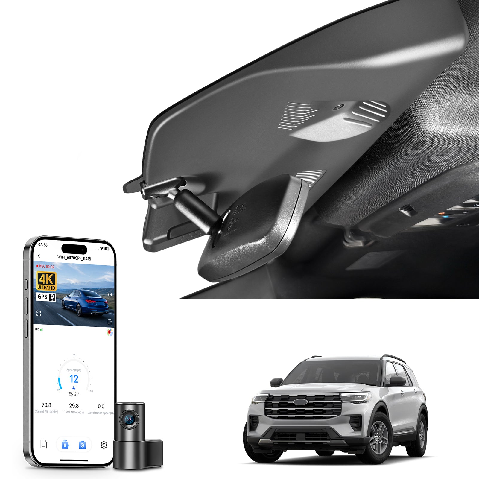 Mangoal 2 channel dash cam with STARVIS sensor, features smartphone app control, front 4K UHD and rear Full HD recording, GPS tracking, and Ford Explorer models in the background.