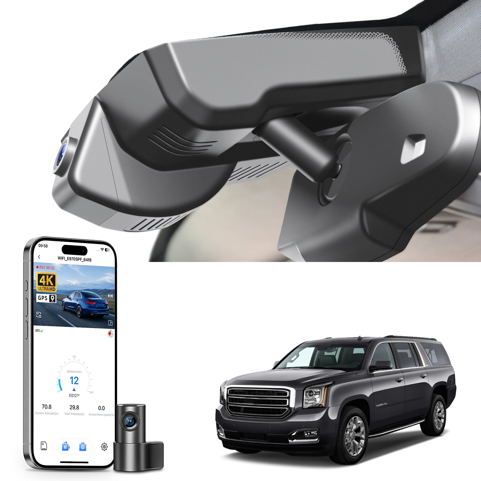 Mangoal 2 channel dash cam with STARVIS sensor, features smartphone app control, front 4K UHD and rear Full HD recording, GPS tracking, and GMC Yukon models in the background.
