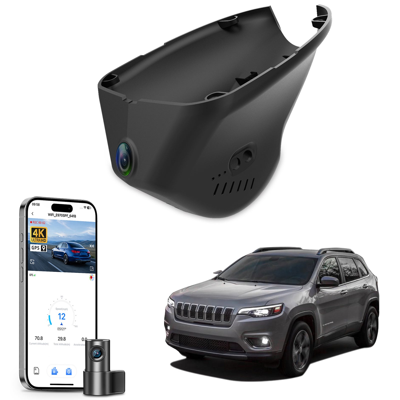 Mangoal 2 channel dash cam with STARVIS sensor, features smartphone app control, front 4K UHD and rear Full HD recording, GPS tracking, and Jeep Cherokee models in the background.