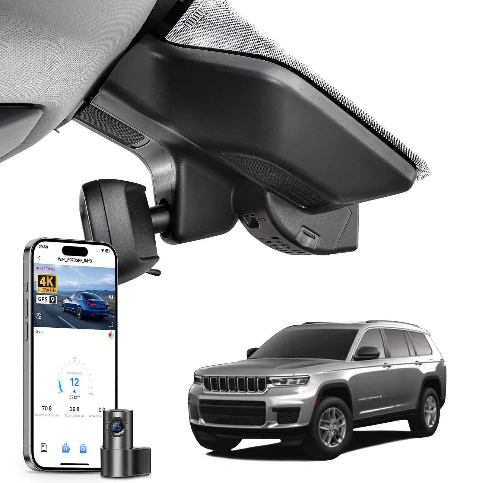 Mangoal 2 channel dash cam with STARVIS sensor, features smartphone app control, front 4K UHD and rear Full HD recording, GPS tracking, and Jeep Grand Cherokee models in the background.