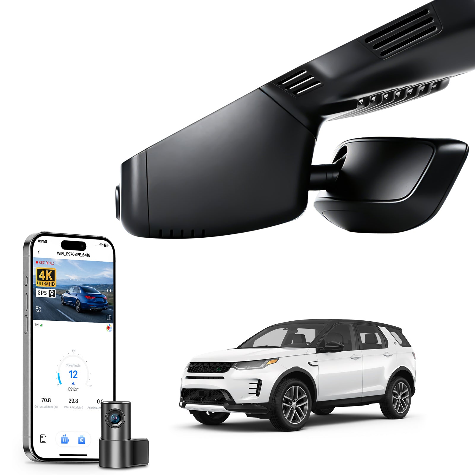 Mangoal 2 channel dash cam with STARVIS sensor, features smartphone app control, front 4K UHD and rear Full HD recording, GPS tracking, and Land Rover Discovery Sport models in the background. 