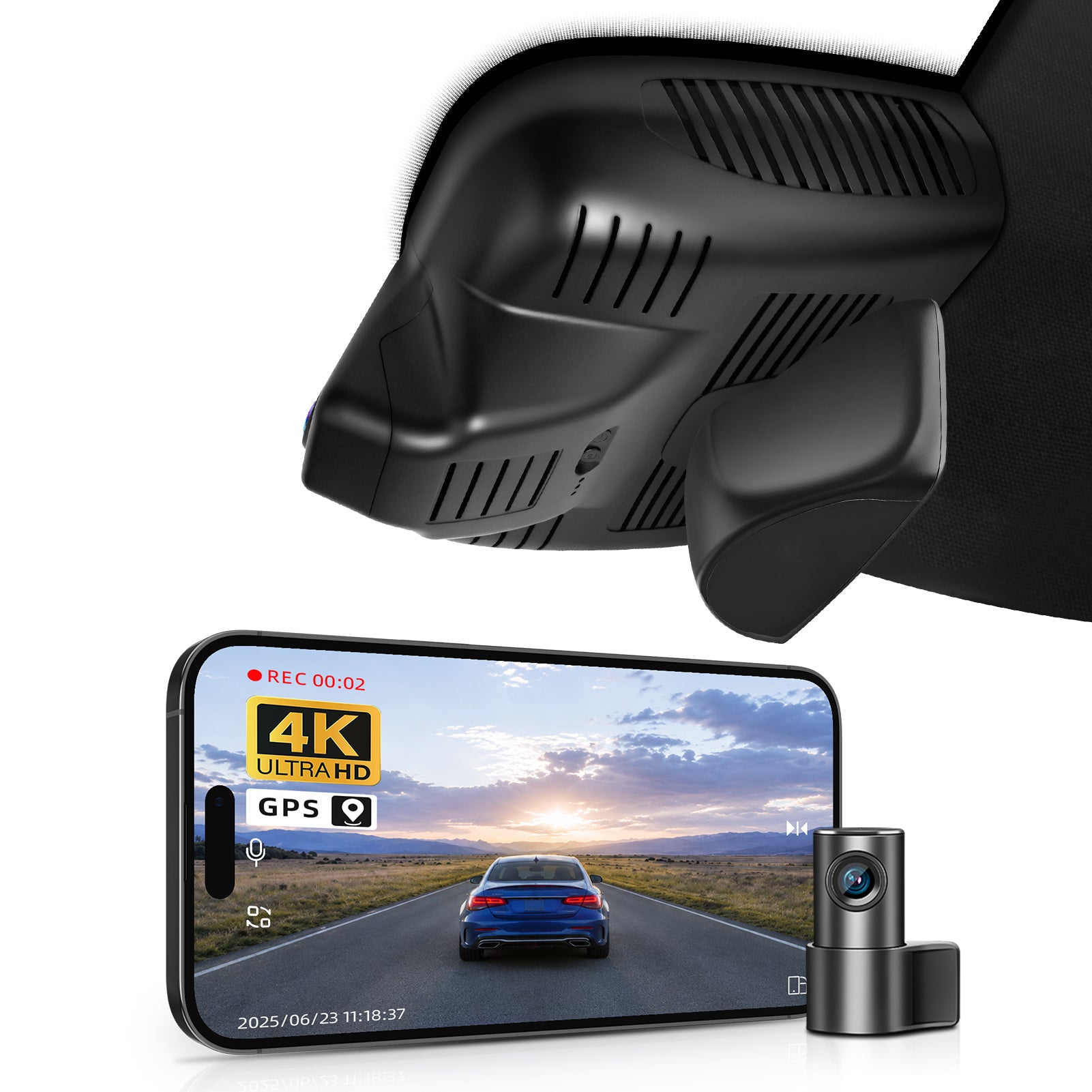 Mangoal 2 channel dash cam with STARVIS sensor, features smartphone app control, front 4K UHD and rear Full HD recording, GPS tracking, and Mercedes-Benz GLB in the background.